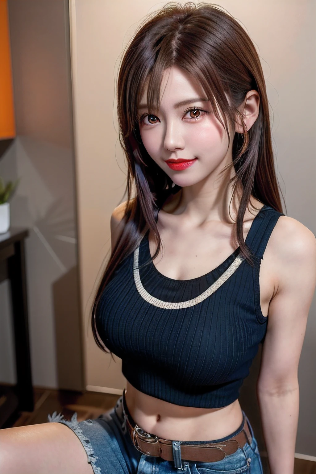 (sologirl,Dōjō Character.Light brown and orange two-tone shorthair,Floating hair,Ahoge,Unkempt hair,Red cheeks,red lipsticks,Red Eyeliner.Oversized tank top with a loose neck that doesn't fit,Oversized shorts.Thin belt,),Bend down and pick flowers,A smile that captivates the viewer by bending down and looking upwards,(masutepiece,top-quality,Ultra-high resolution output image,)