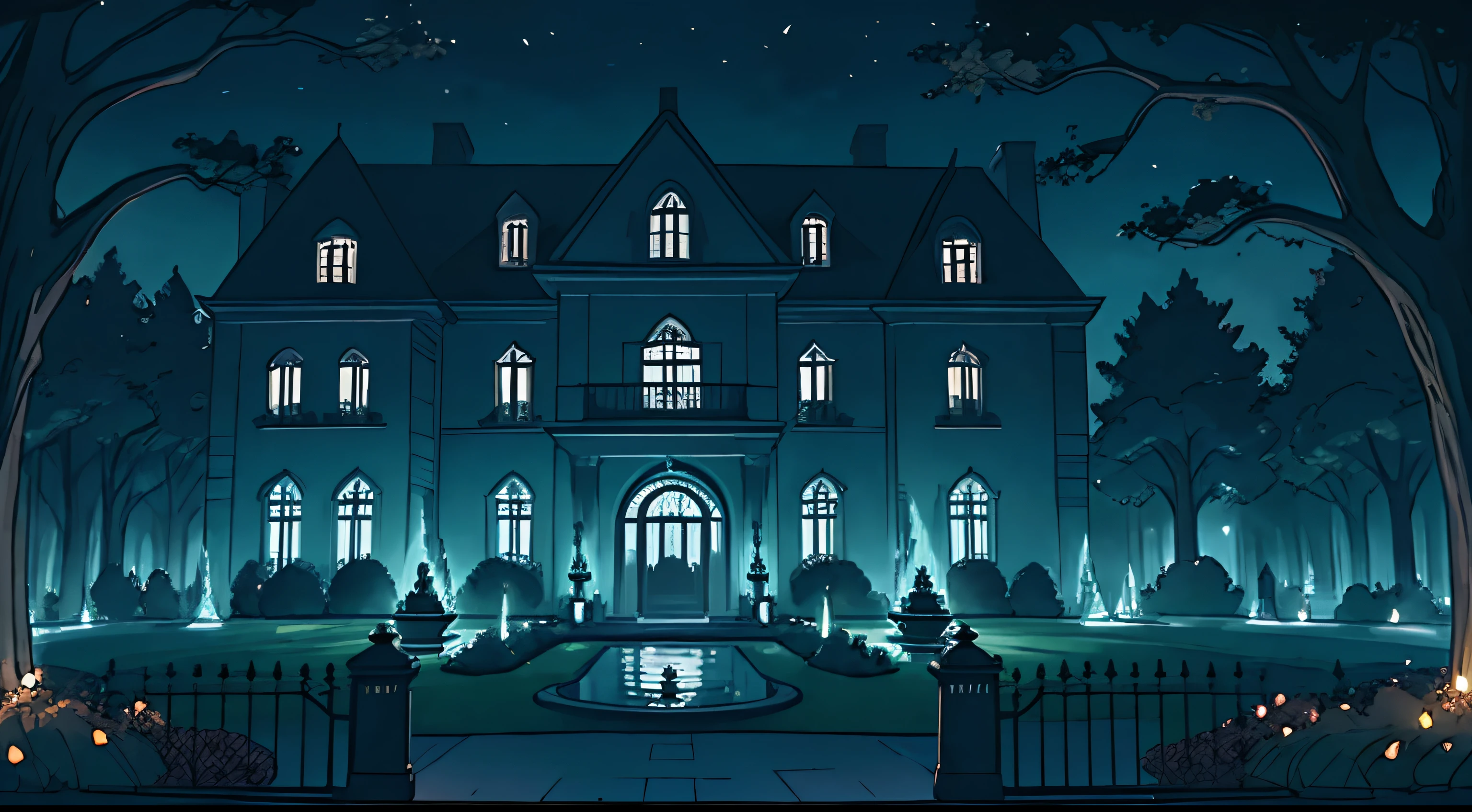 big beautiful spooky mansion with big gate has fountain in the front garden and a dog, surrounded by trees, night scene, gothic