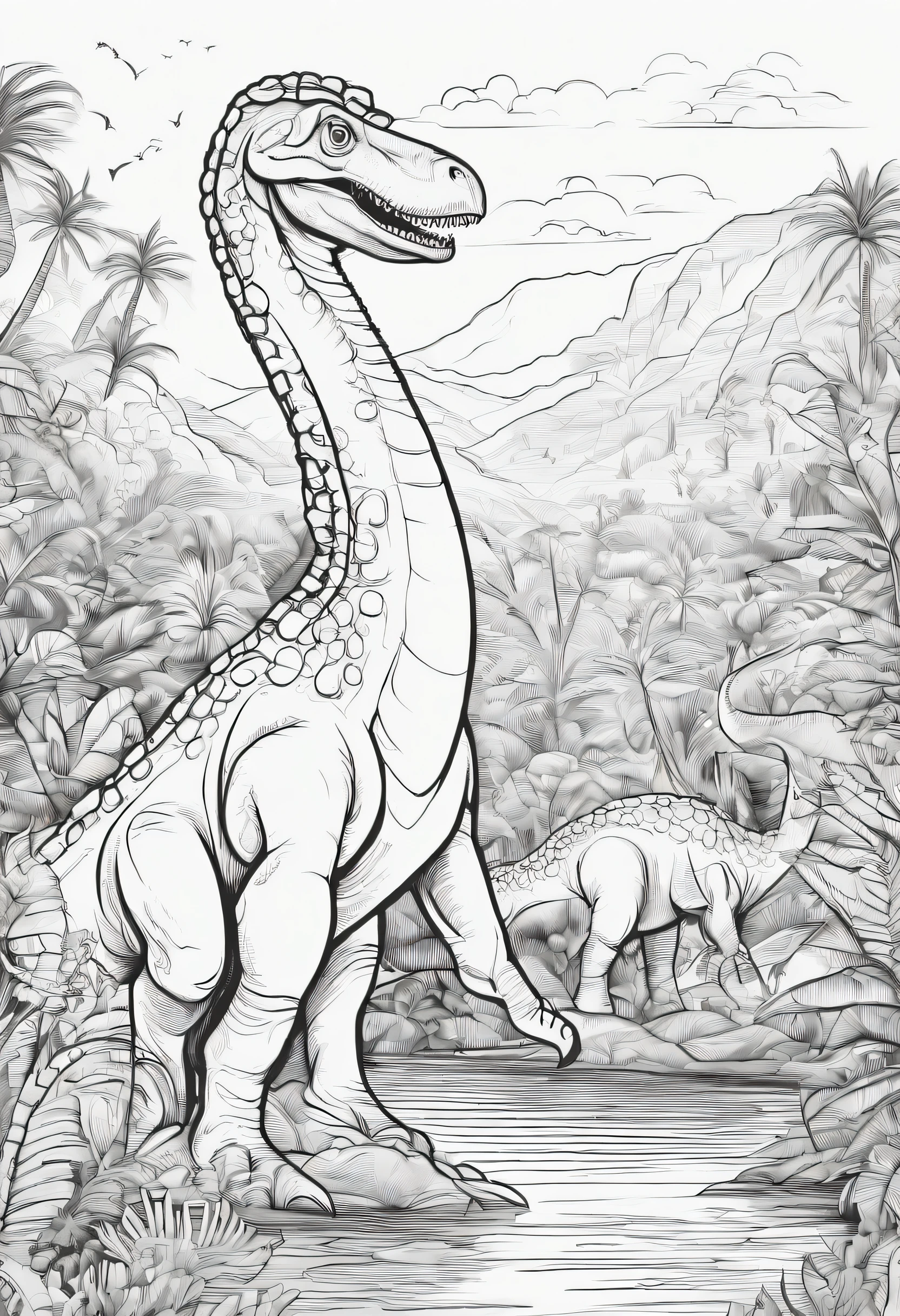I'm going to make a coloring book for the kids, The dinosaur was a brachiosaurus, The place is jungle, Like a cartoon, low detail, The line is weak, Let me have no shadows