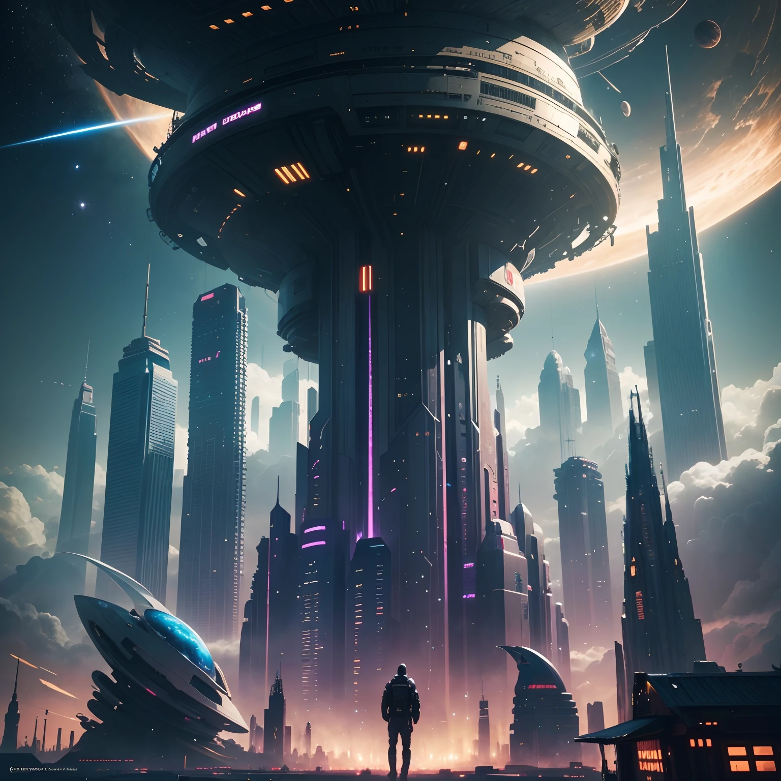 Space City、Futuristic cities、floating in the universe、cyberpunked、Skyscrapers line the streets、A space station、top-quality、masterpiece、24century、dream、utopian、planet earth、World of Dreams、Fantasia、𝓡𝓸𝓶𝓪𝓷𝓽𝓲𝓬、Beautiful city、Space City、A world far beyond human creation
