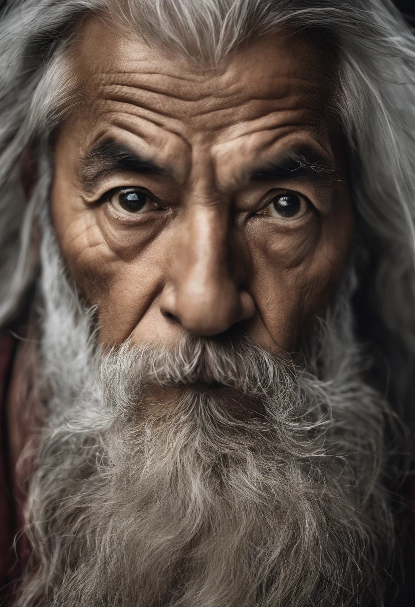 very old man, long hair, gray hair, big beard, gray beard, monk clothes, disturbed expression, wide eyes, crazy appearance, very realistic