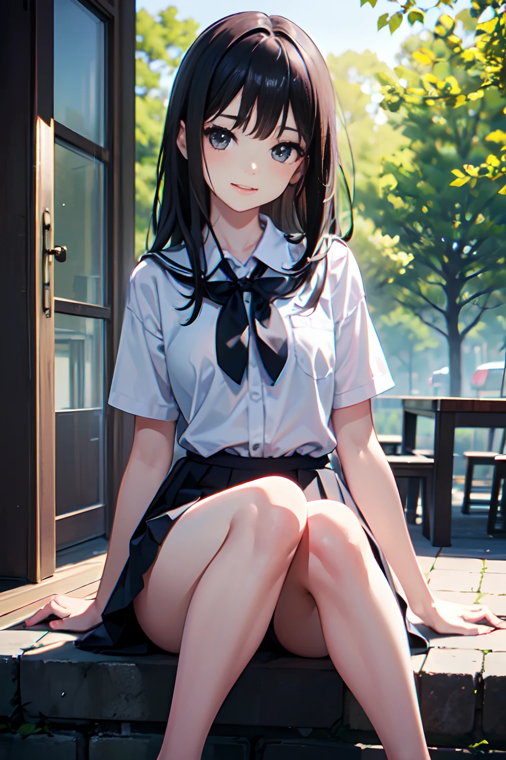 (8K、Raw photography、top-quality、​masterpiece:1.2)、(realisitic、Photorealsitic:1.37)、ultra-detailliert、超A high resolution、see the beholder、beautifull detailed face、Constriction、(Slim waist:1.3)、Beautiful detailed skin、Skin Texture、floated hair、profetional lighting、Super delicate and cute girl with black hair、 girl、Solo、1 persons、a junior high k hair、Black eyes、(Hair is  black straight:1.1)、(small tits:0.7)、A slight smil、School Uniforms、a park、sitting on