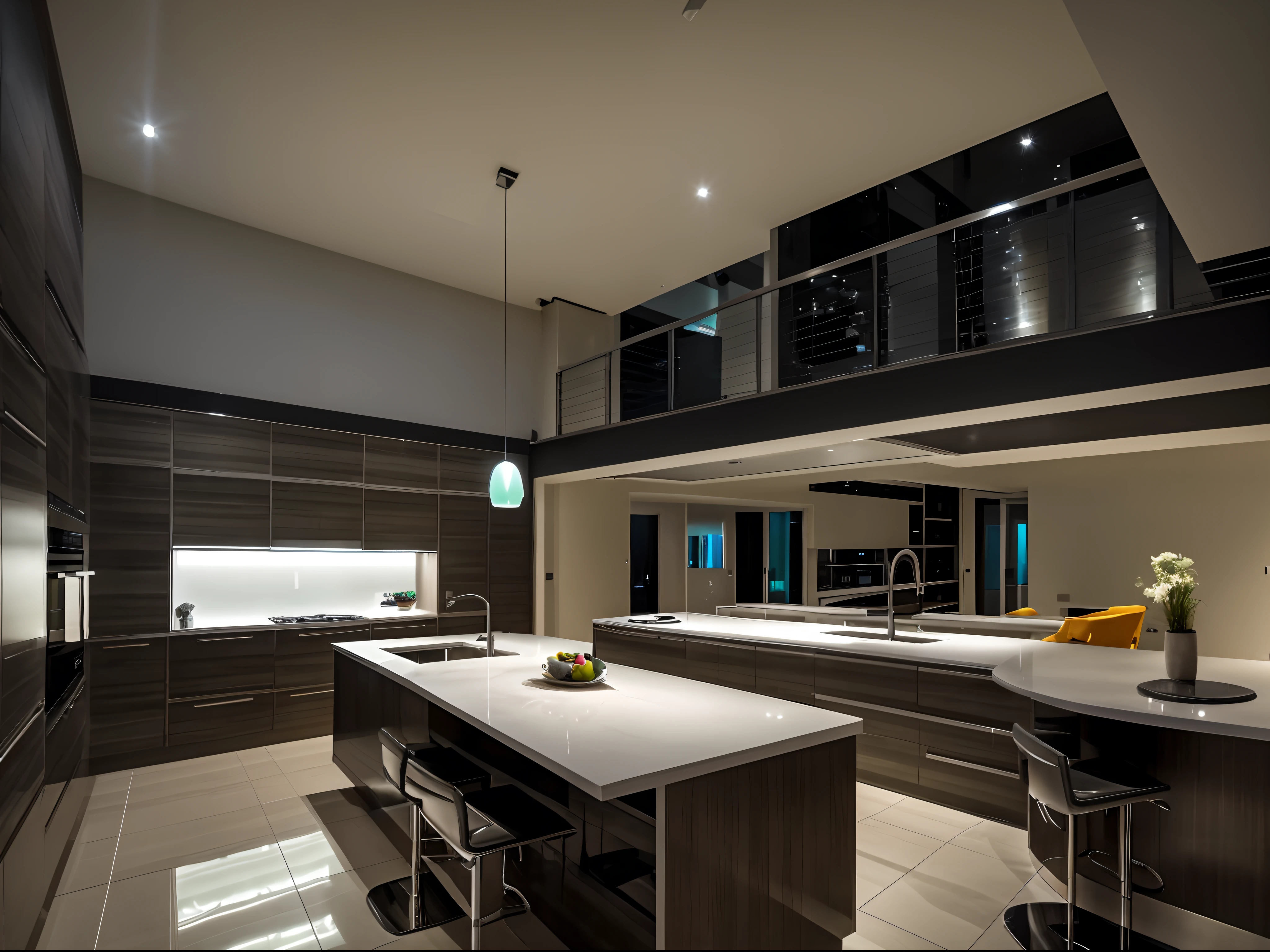 View of modern kitchen and living room from front door, late at night, fluorescent lighting, cool colour scheme, kitchen island and barstools, ((wide shot)), ((murky)), (dark), (scary), (3AM)