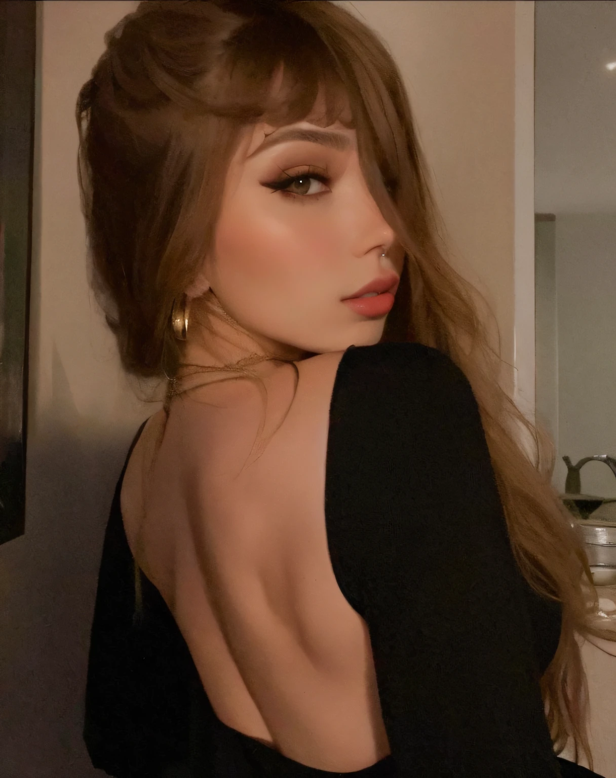 there is a woman with long hair and a black top, 2 Modelo feminina de 4 anos, mostrando o ombro de costas, 18 anos, Amouranth, imagem de perfil, Foto de perfil, Anna Nikonova aka Newmilky, 2 2 anos, olhando para o lado, olhando para o lado, vestindo um bodysuit preto, Retrato Sophie Mudd