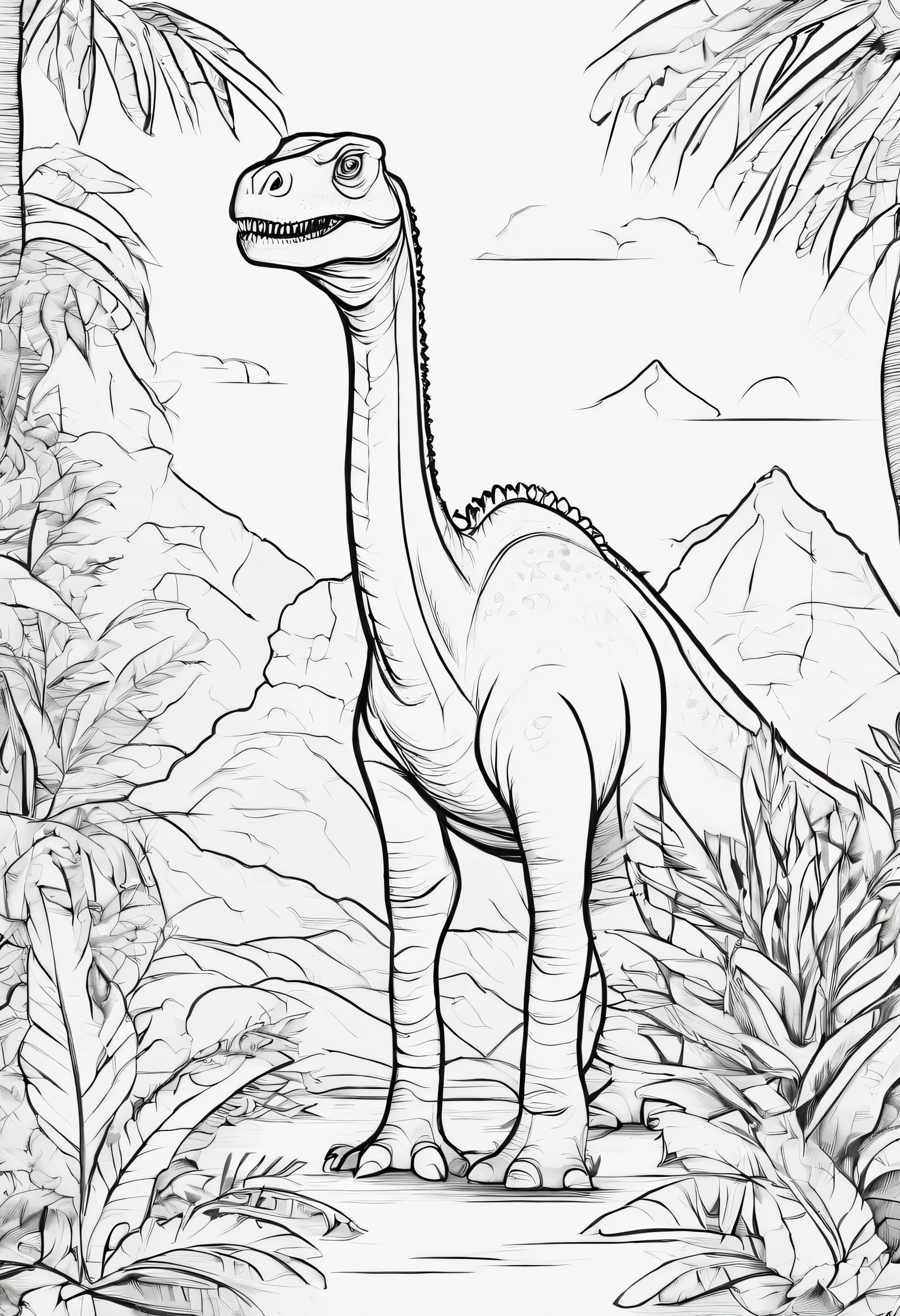 I'm going to make a coloring book for the kids, The dinosaur was a brachiosaurus, The place is jungle, Like a cartoon, low detail, The line is weak, Let me have no shadows