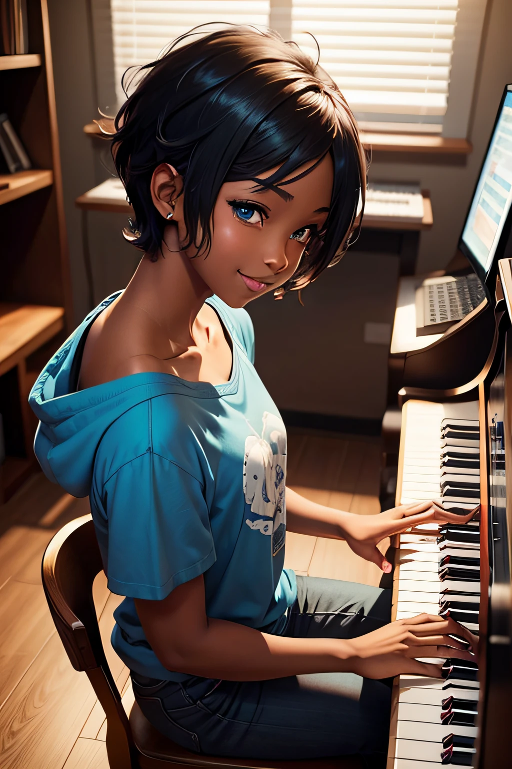 Draw a protagonist, anime style, who has short hair, dark skin, blue eyes, who has a happy expression and who is playing piano in a recording studio.