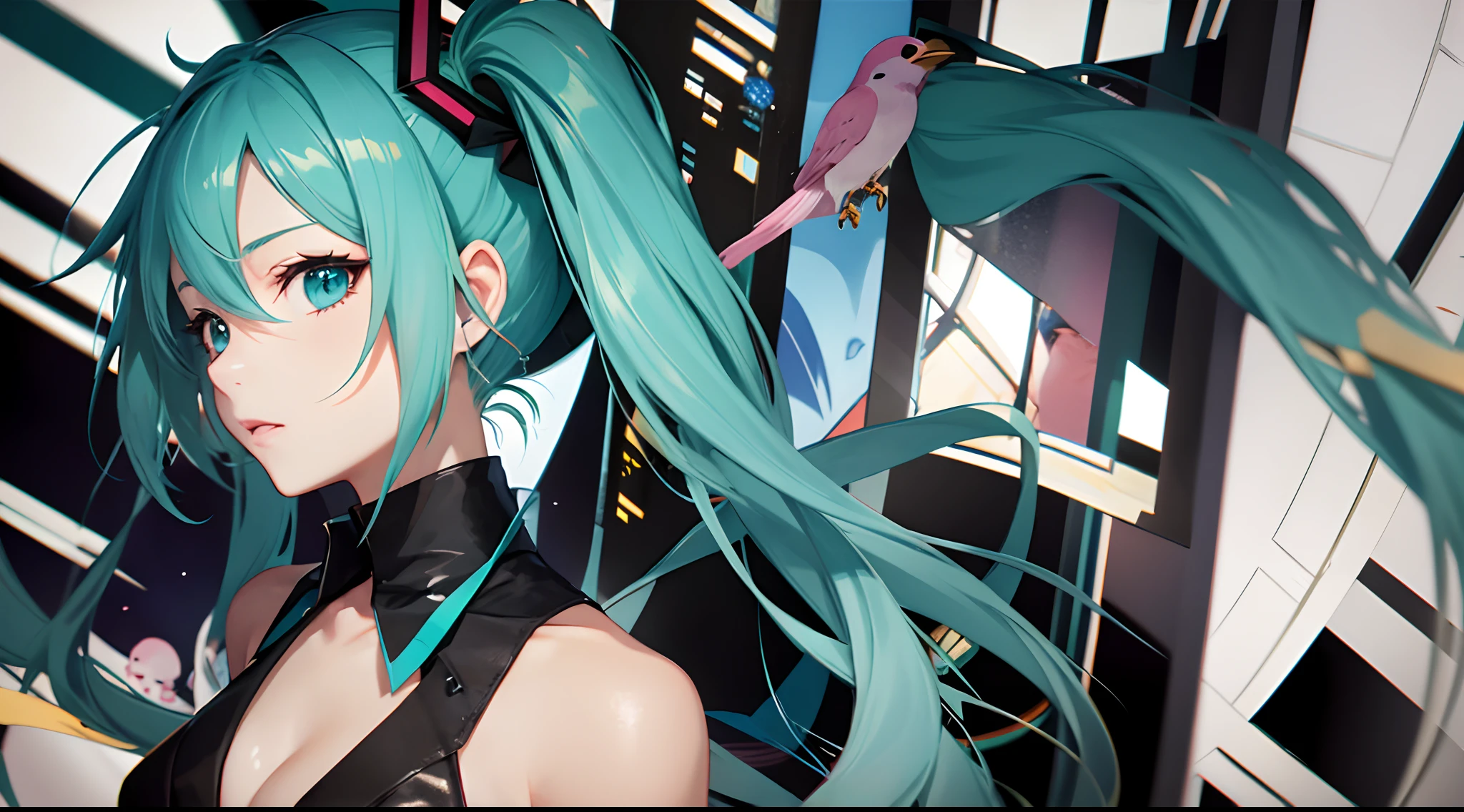 Anime girl with blue hair and a bird on her head, Portrait of Hatsune Miku, mikudayo, hatsune miku portrait, style of anime4 K, Anime girl with teal hair, Os amigos, hatsune miku face, vocaloid, 4K anime wallpaper, Hatsune Miku, Anime wallpaper 4 k, Anime wallpaper 4K, Anime art wallpaper 8k、Black hair, Do not show your hands, The limit is only one person, The upper body appears,