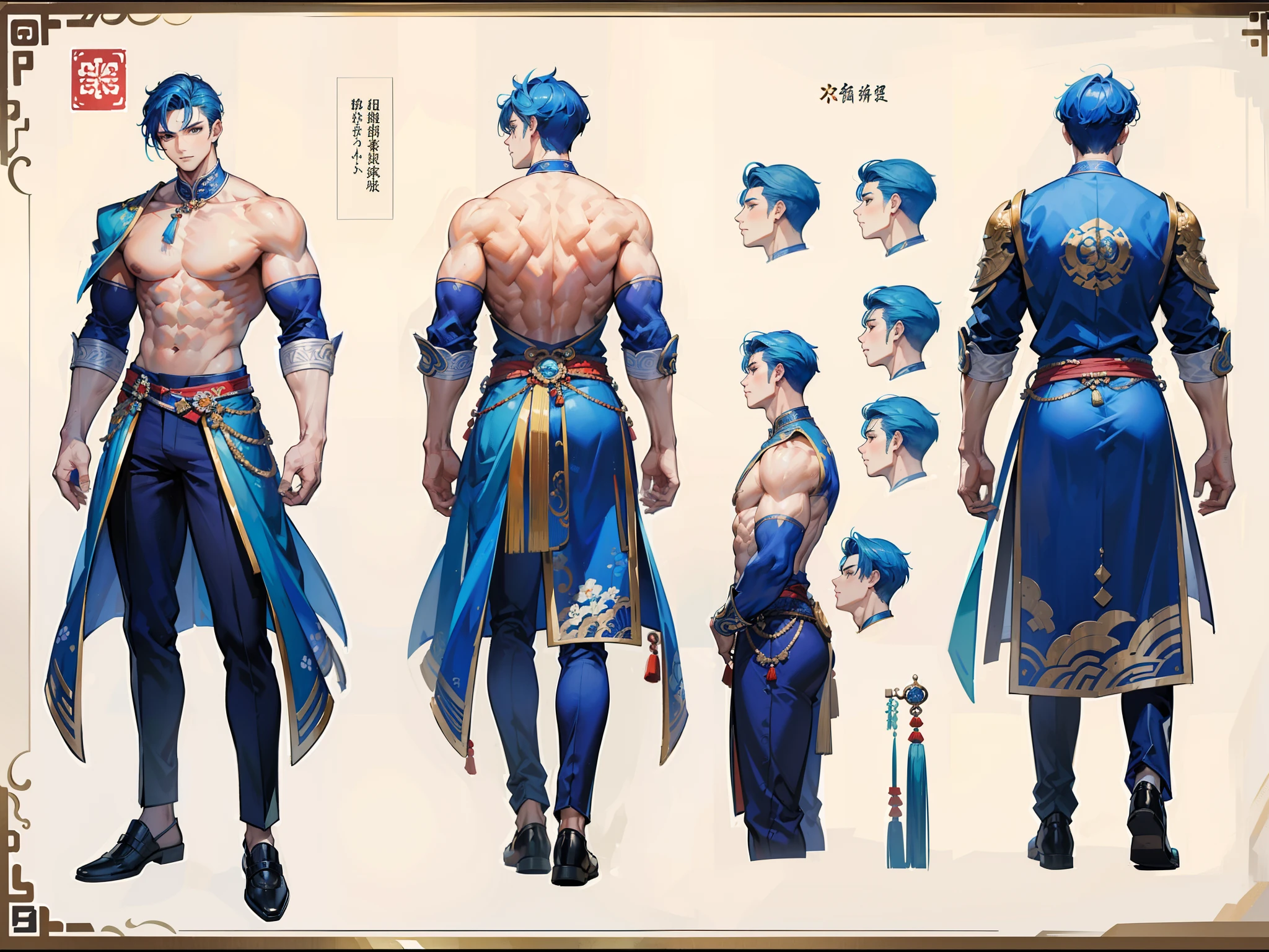 ((Masterpiece, Highest quality)), Detailed face, character design sheet, full bodyesbian, Full of details, frontal body view, back body view, Highly detailed, Depth, Many parts, Muscle boy with blue hair,handsome man, Traditional chinese clothes, man tall, pectoral muscles, abs