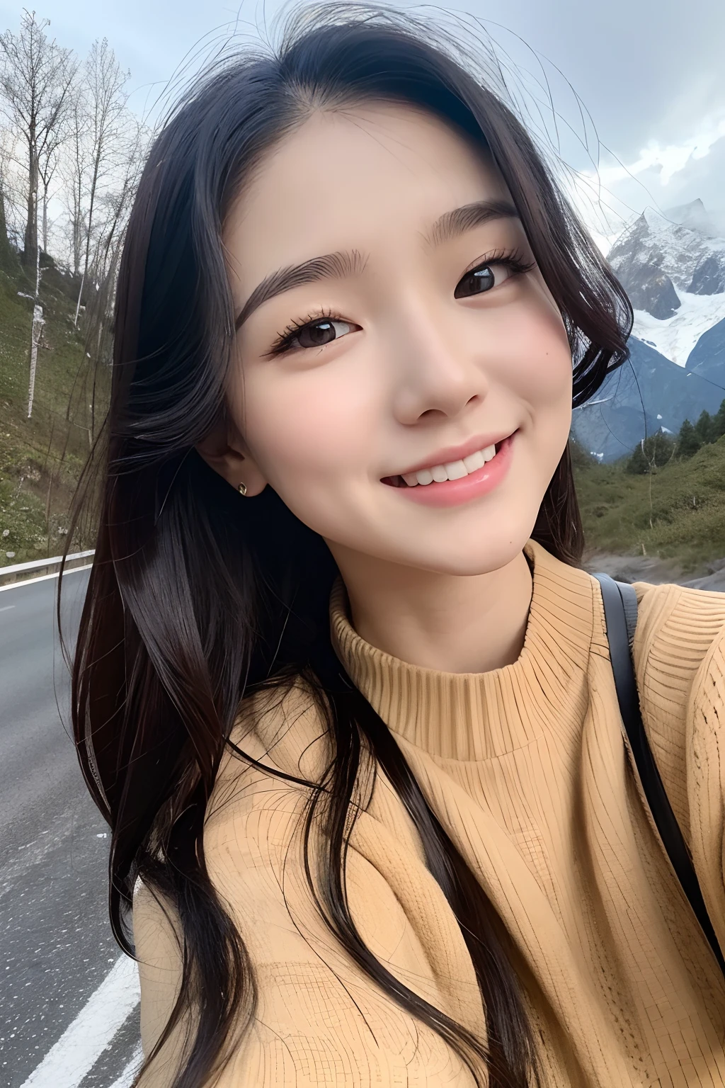 25 year-old girl, Clear facial features, close up, black hair, Happy and a golden retriever, Walk on mountain trails, There was snow on the road.