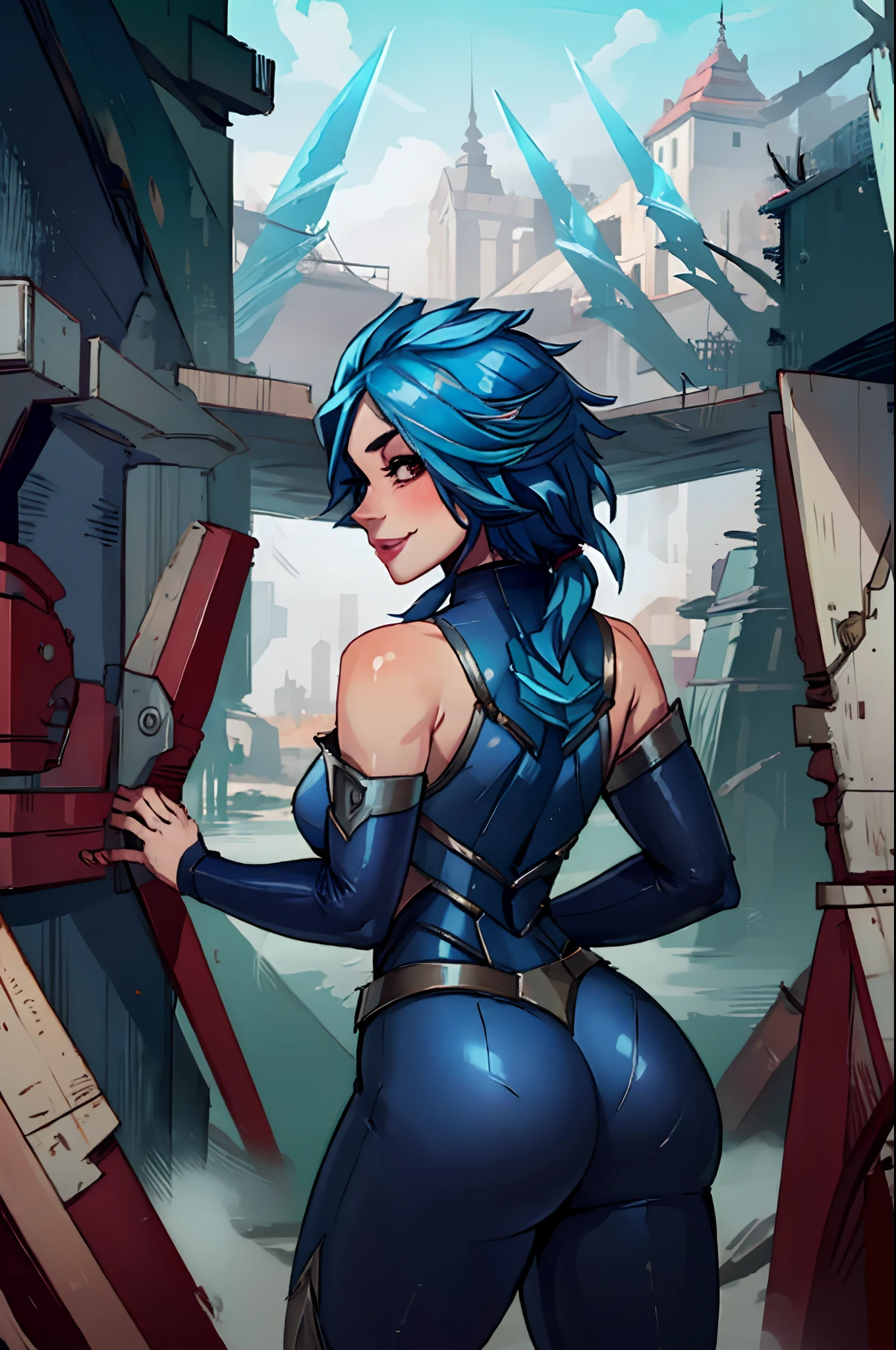 (Masterpiece:1.4), (best quality:1.2), frostblade irelia, 1girl, short hair, blue hair, bodysuit, detached sleeves, smile, from behind, giant ass, looking at viewer, curvy body, cowboy shot,