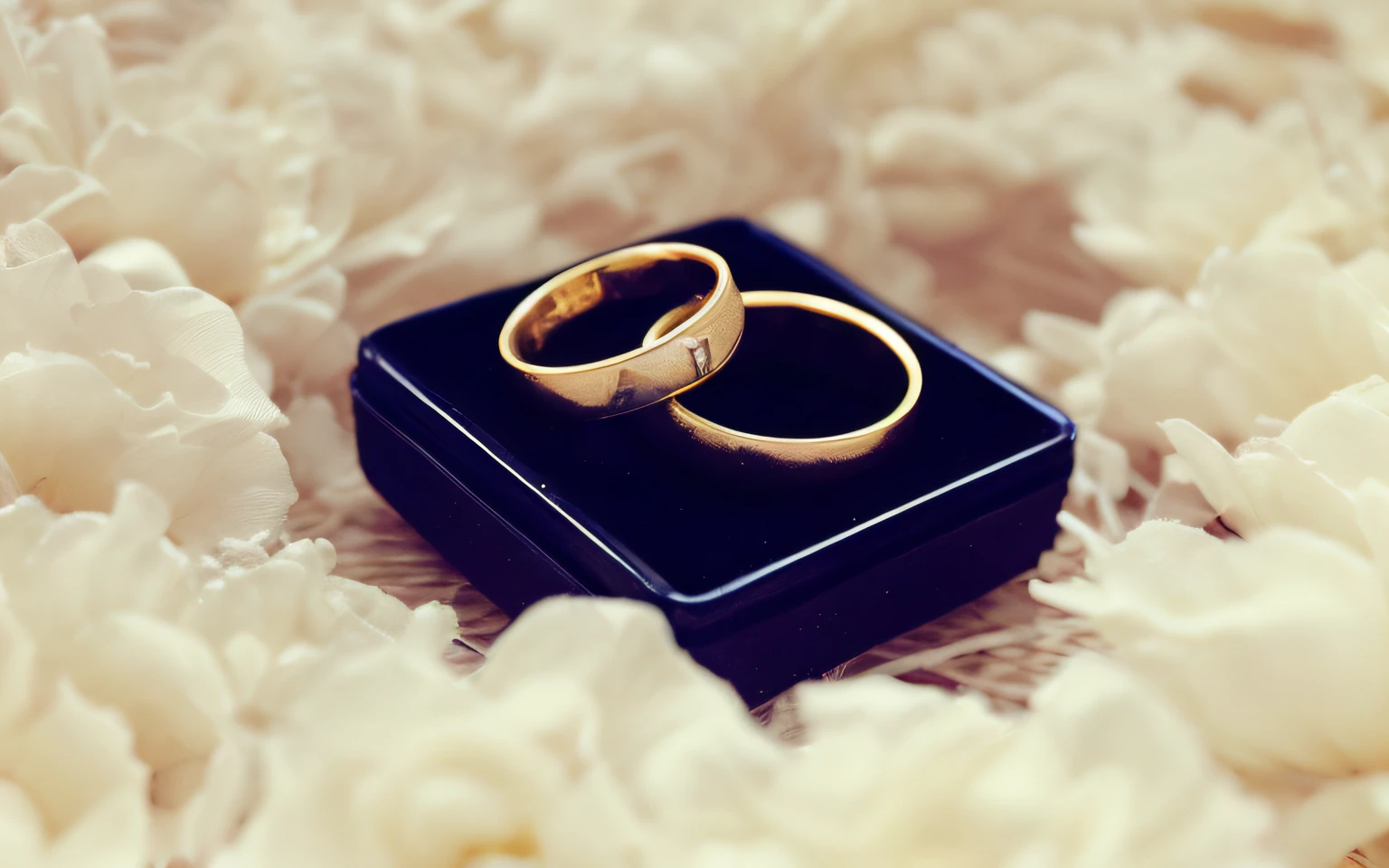 There are two wedding rings on the black box on the flower bed, golden rings, The ring is horizontal, Nipple Ring, Perfect details, ring, Gold jewelry, gold jewels, gyuru, gold jewerly, golden jewelery, Perfect detail, golden jewelery, golden detailing, Simple details, celebrating an illegal marriage, jewely, Self-restraint, marriage, hyper realisitc，metalictexture，Detailed picture，4K Ultra HD, 超高分辨率, (Photorealistic: 1.4), Best quality，tmasterpiece，（pastel colour：1.2）