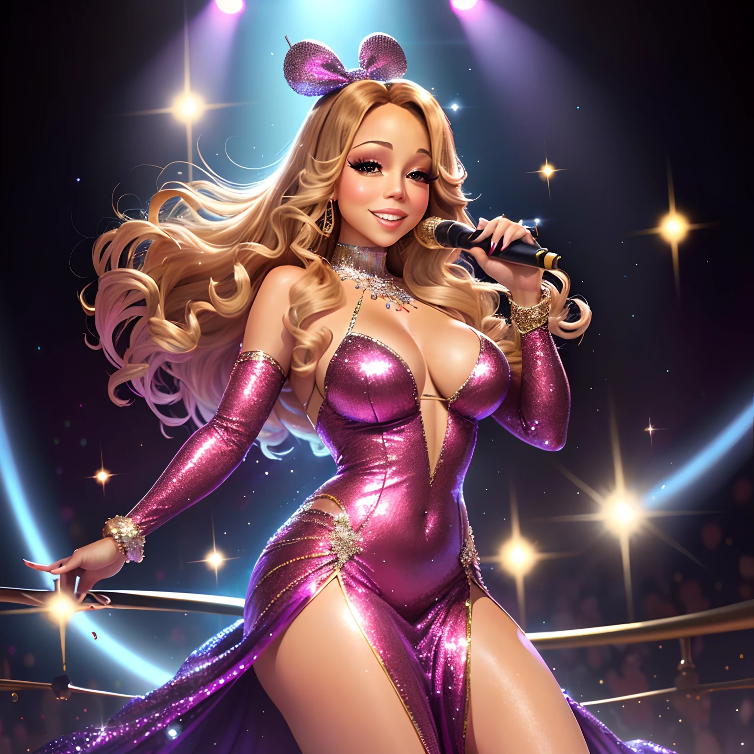Mariah Carey dressed in a glittery outfit. It has a lot of shine around it. Her makeup and hair are adorned with glitter. Disney princess cartoon style