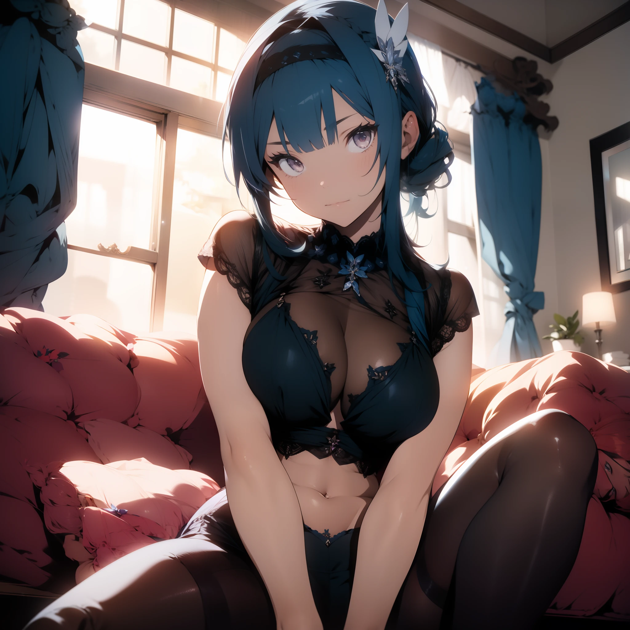 araffed Eula in a blue lingerie and pantyhose laying on a couch, on a couch, pretty face with arms and legs, side ponytail, braided hair, diadem, sexy look at the camera, sitting on the couch, beautiful angle, good young girl, sitting on her bed, sitting on the bed, sexy girl, sitting on a bed, posing in bed, lace, sheer, visible bellybutton, blonde, pink eyes