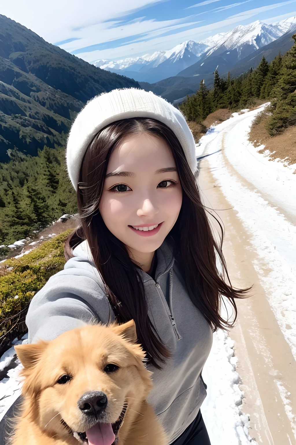 25 year-old girl, Clear facial features, close up, black hair, Happy and a golden retriever, Walk on mountain trails, There was snow on the road.