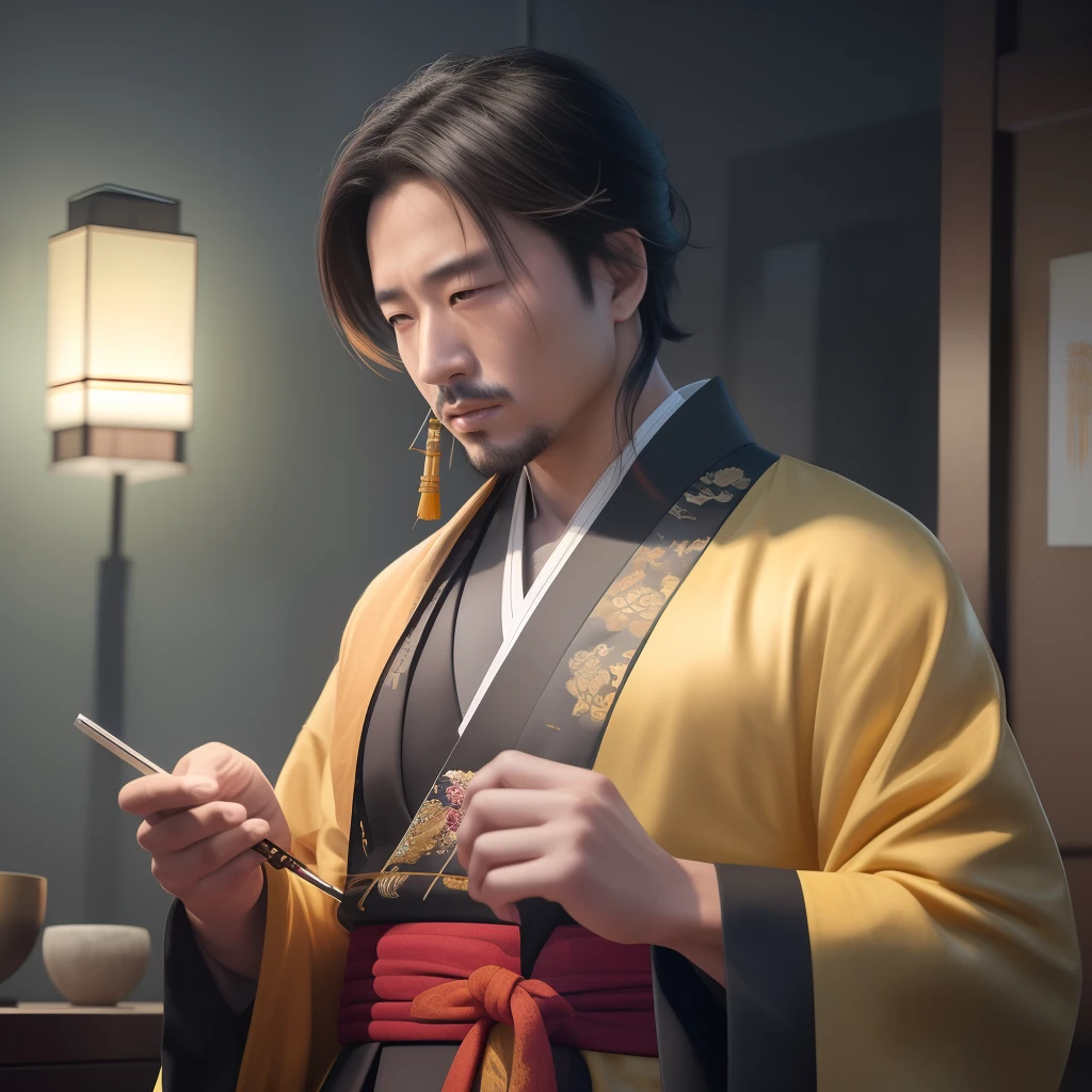 arafed man in a yellow robe , cinematic. by leng jun, inspired by Cao Zhibai, inspired by Wu Daozi, a portrait of the character, samurai portrait, clothed in white old samurai uniform, trending on artstation 4k, portrait of a cyberpunk samurai, portrait of a samurai, japanese artist, by Raymond Han