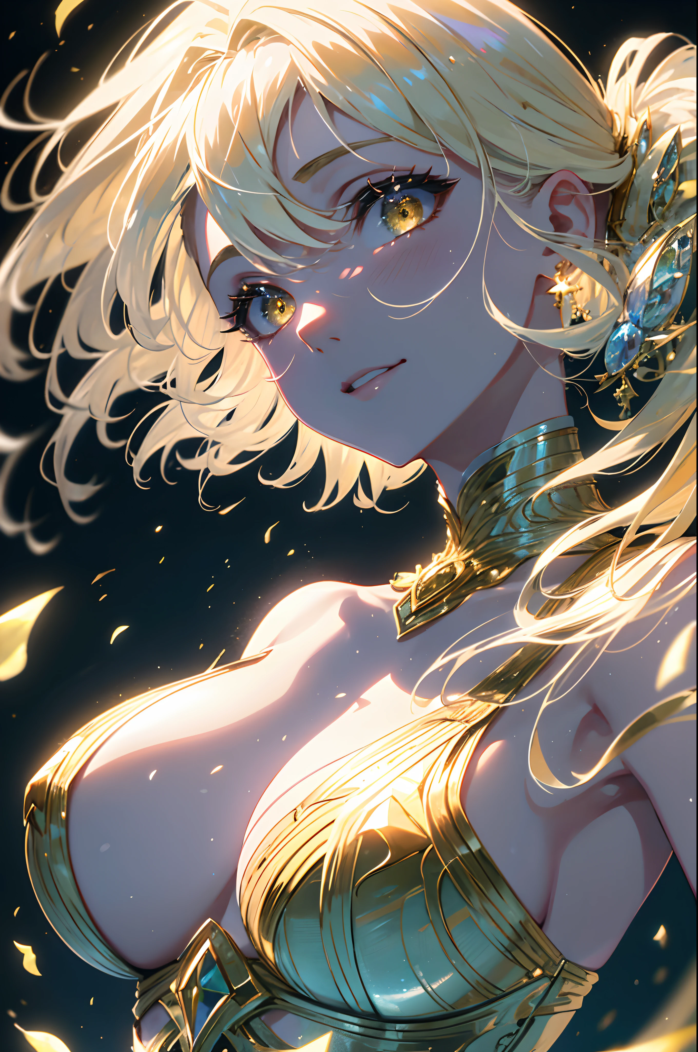 best quality,4k,8k,highres,masterpiece:1.2,ultra-detailed,ultra-detailed,beatiful detailed eyes,realistic:1.37,elegant,portrait, sexy, ethereal atmosphere, golden hair, yellow eyes, flowing hair,windswept clothes,cinematic lighting,vivid colors,expressive eyes, smile,graceful posture,delicate features,translucent skin,fine details,subtle textures,dramatic composition,mysterious aura,depth and dimension, cleavage