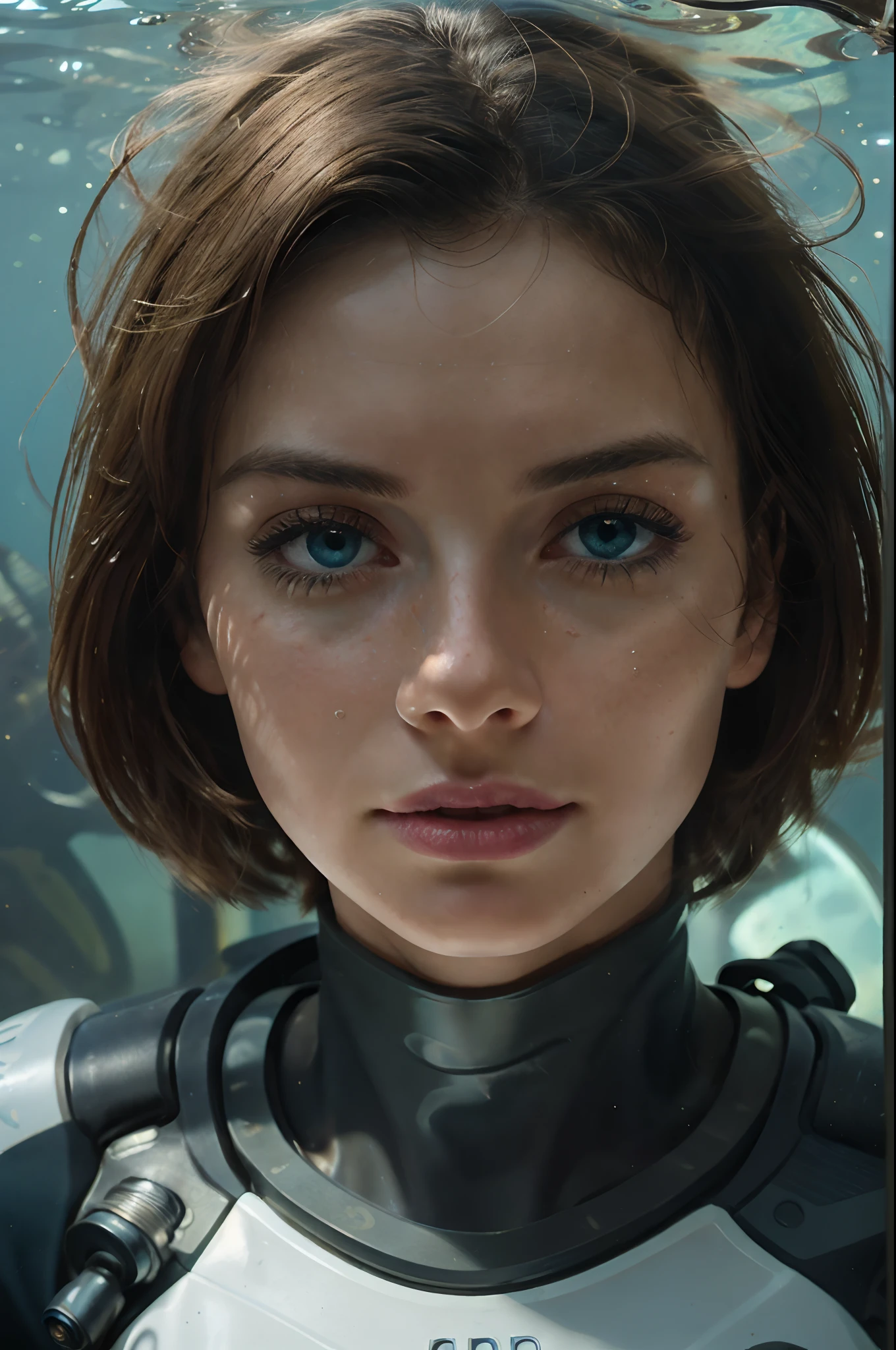 (8k, ARTISTIC photography, best quality, masterpiece: 1.2) close up, woman in an underwater spacesuit, (luminous deep sea creatures around her:1), best quality, sunlight, detailed face, gorgeous eyes, realistic skin details, high quality, seen from below, romantic, high quality, film grain, Cinematic Light, sidelighting, sharp focus