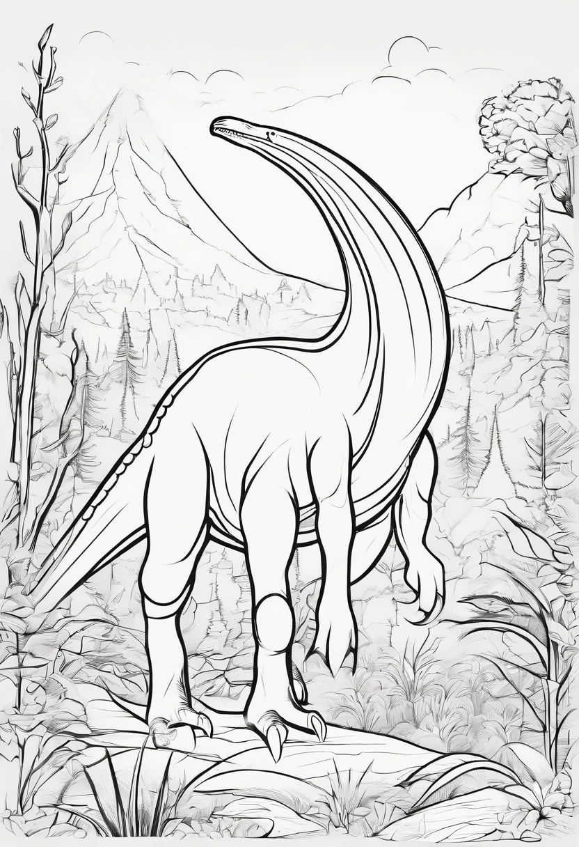I'm going to make a coloring book for the kids, The dinosaur was a brachiosaurus, The place is in the woods, Like a cartoon, low detail, The line is weak, Let me have no shadows