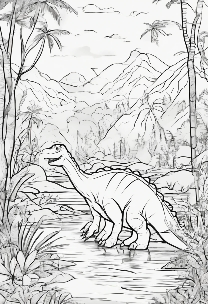I'm going to make a coloring book for the kids, The dinosaur was a brachiosaurus, The place is in the woods, Like a cartoon, low detail, The line is weak, Let me have no shadows