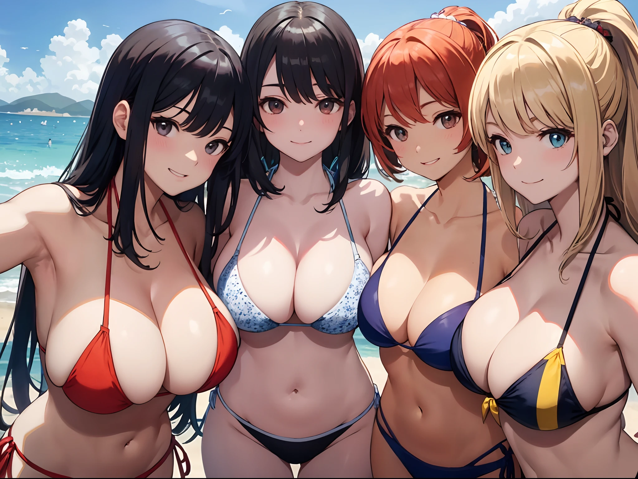 masterpiece、top-quality、detaile、hight resolution、extremely delicate and beautiful、beutiful breast、Smile、multiple female、5 women、4 females、The bikini、pareo、Colossal tits、sea side