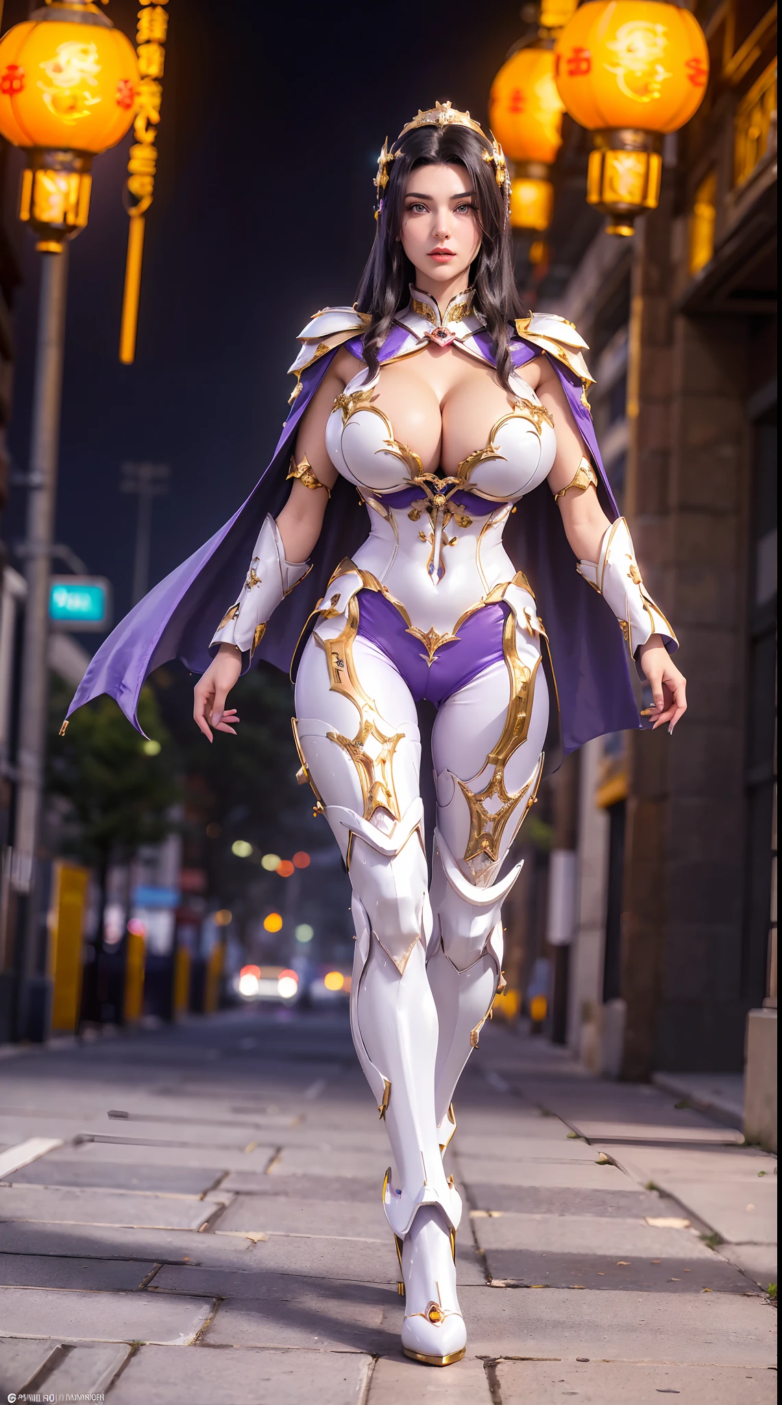 1GIRL, SOLO, (shiny black hair, gold ornament hair), (HUGE FAKE BOOBS:1.3), (GUARD ARM, GLOVE), IMMORTAL, (white, purple, gold, FUTURISTIC DRAGON MECHA ARMOR SUIT, ROYAL CAPE, CLEAVAGE, SKINTIGHT YOGA HOTPANTS, HIGH HEELS:1.5), (BUSTY BODY, LINE ABS, SEXY LONG LEGS, FULL BODY:1.3), (FROM FRONT, LOOKING AT VIEWER:1), (WALKING DOWN ON STREET NIGHT CITY:1.3), PHYSICALLY-BASED RENDERING, ULTRA HIGHT DEFINITION, 8K, 1080P.