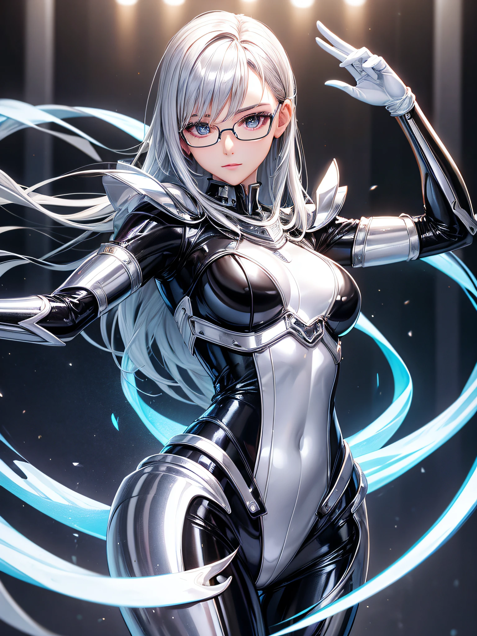 5 8K UHD、Mechanical beauty with shiny silver body wearing glasses is posing、Shiny silver latex suit with hidden skin、Upper body only