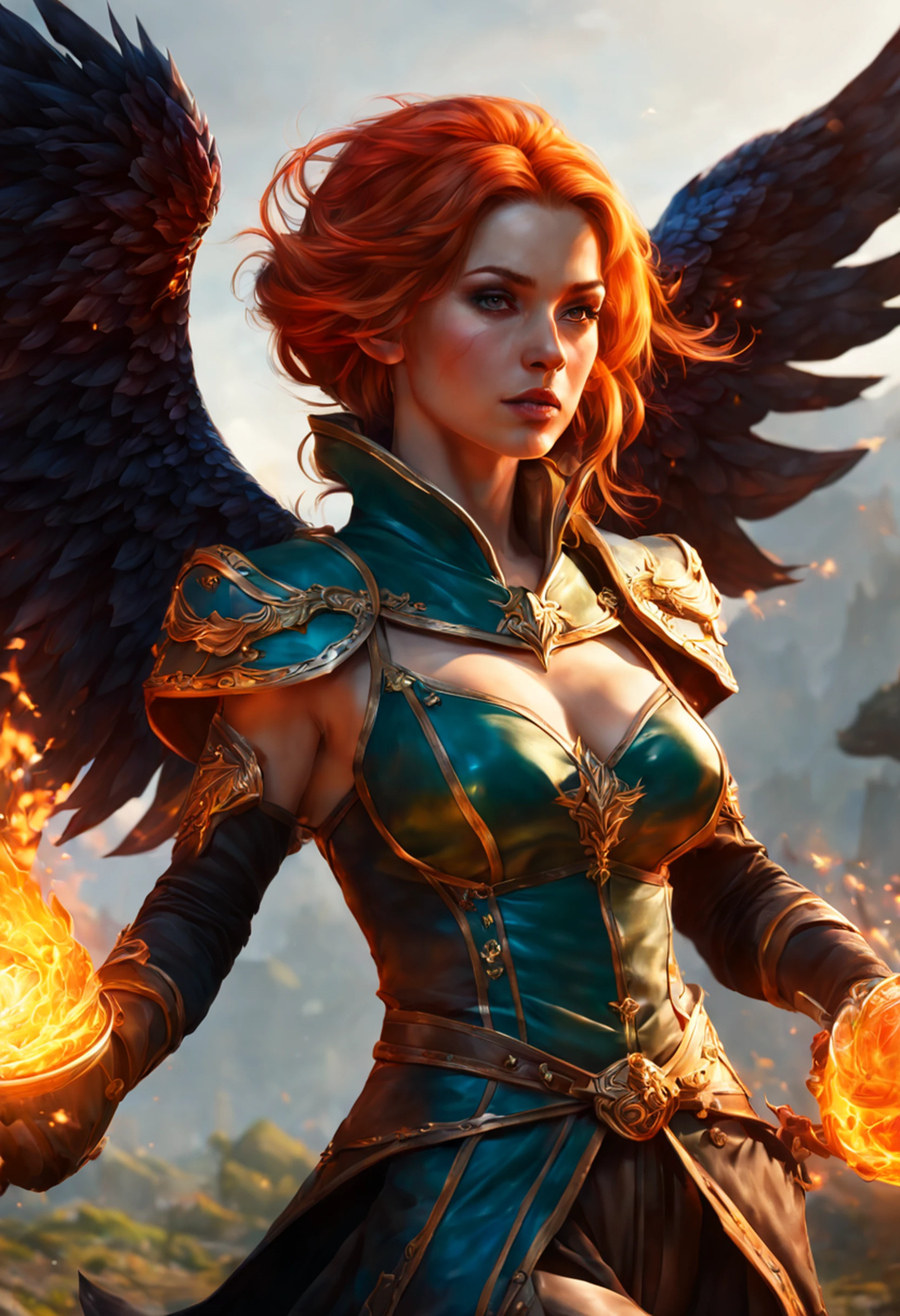 8k, ultra detalhado, master part, melhor qualidade, (extremamente detalhado), Arafed, arte dnd, scenic view, corpo inteiro, Aasimar sorceress casting a flaming spell, Aasimar, female, (Obra-prima 1.3, Detalhes intensos), female, feiticeira, Casting Flaming Spell (Obra-prima 1.3, Detalhes intensos) grandes asas angelicais, Open Blue Angelic Wings (Obra-prima 1.3, Detalhes intensos), magical fantasy background (Obra-prima 1.5, Detalhes intensos), lua, Estrelas, nuvem, vestindo manto branco, Capa roxa, flowing robe (Obra-prima 1.3, Detalhes intensos), Botas de salto alto (Obra-prima 1.3, Detalhes intensos), armado com pessoal, red hair, olhos verdes, olhos intensos, Feminino, Face Ultra Detalhada, (Obra-prima 1.5, melhor qualidade), anatomicamente correto (Obra-prima 1.3, Detalhes intensos), face determinada, Luz Divina, Cinematic lighting, luz suave, silhueta, fotorrealismo, scenic view (Obra-prima 1.3, Detalhes intensos) , Wide-Angle, Ultra-Grande Angular, 8k, Altas, melhor qualidade, Detalhes altos