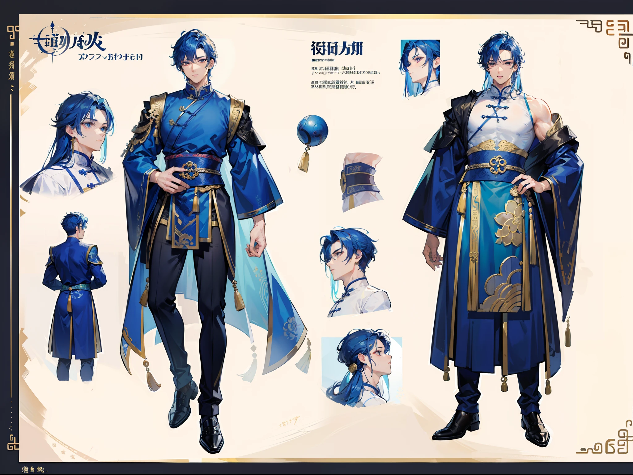 ((Masterpiece, Highest quality)), Detailed face, character design sheet， full bodyesbian, Full of details, frontal body view, back body view, Highly detailed, Depth, Many parts, Muscle boy with blue hair，handsome man, Traditional chinese clothes, man tall