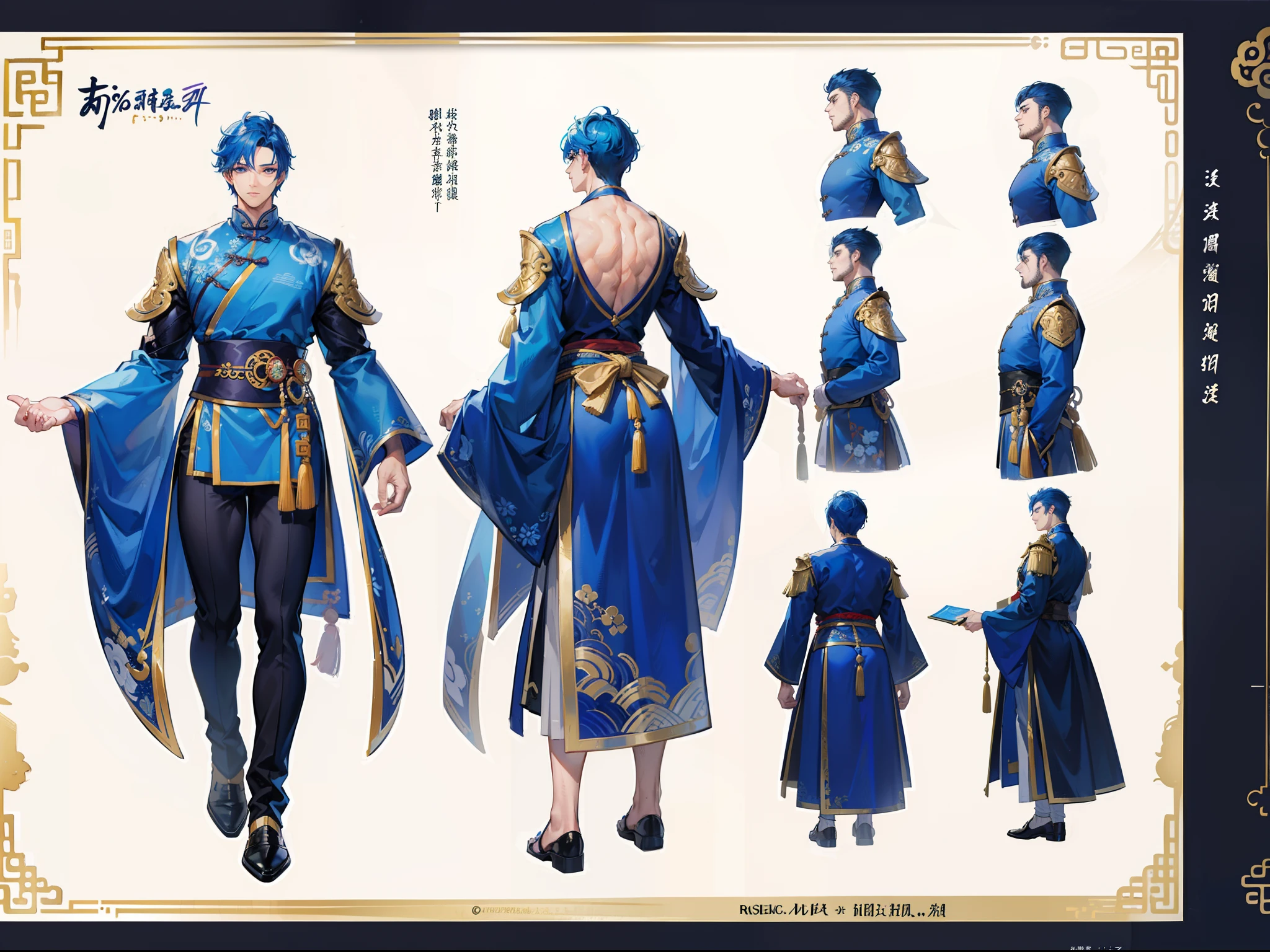 ((Masterpiece, Highest quality)), Detailed face, character design sheet, full bodyesbian, Full of details, frontal body view, back body view, Highly detailed, Depth, Many parts, Muscle boy with blue hair,handsome man, Traditional chinese clothes, man tall