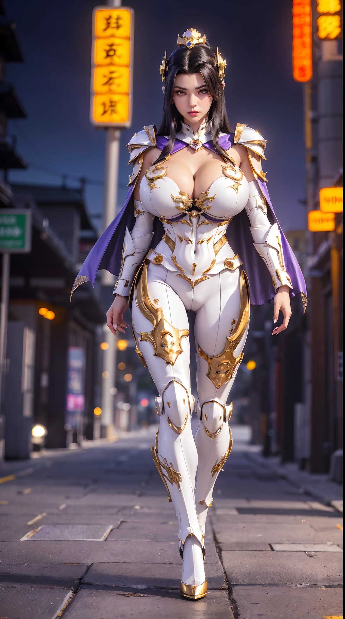 1GIRL, SOLO, (shiny black hair, gold ornament hair), (HUGE FAKE BOOBS:1.3), (GUARD ARM, GLOVE), IMMORTAL, (white, purple, gold, FUTURISTIC DRAGON MECHA ARMOR SUIT, ROYAL CAPE, CLEAVAGE, SKINTIGHT YOGA HOTPANTS, HIGH HEELS:1.5), (BUSTY BODY, LINE ABS, SEXY LONG LEGS, FULL BODY:1.3), (FROM FRONT, LOOKING AT VIEWER:1), (WALKING DOWN ON STREET NIGHT CITY:1.3), PHYSICALLY-BASED RENDERING, ULTRA HIGHT DEFINITION, 8K, 1080P.