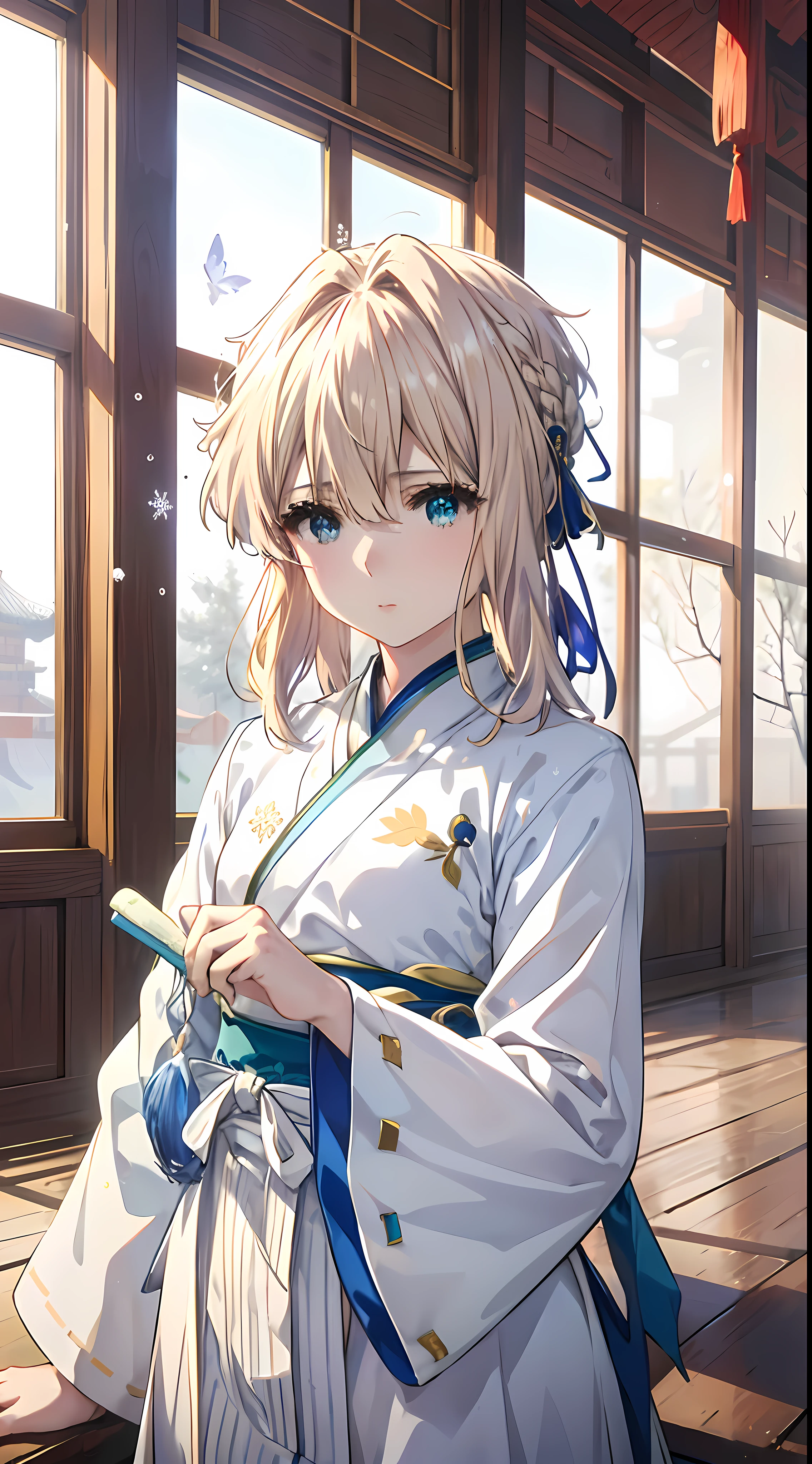 Violet,((Wear light blue Hanfu)),(Hanfu is decorated with snowflakes),((1 folding fan in his hand)),((Traditional Chinese palace)),(((Blonde hair))),(((blue color eyes)))