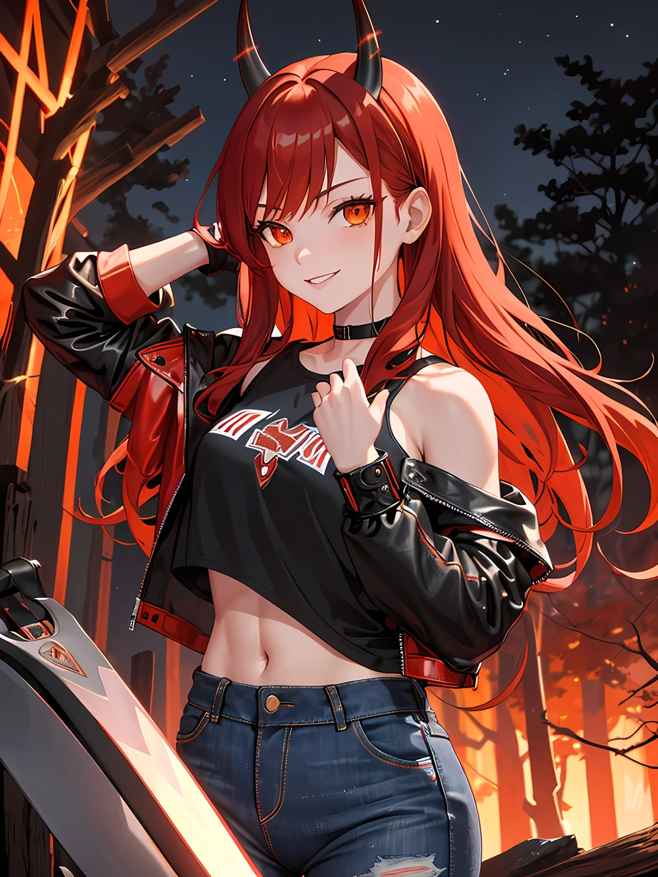 A beautiful woman with straight orange hair dressed in black latex jeans, a silver belt and a red top with a bare waist and a leather jacket