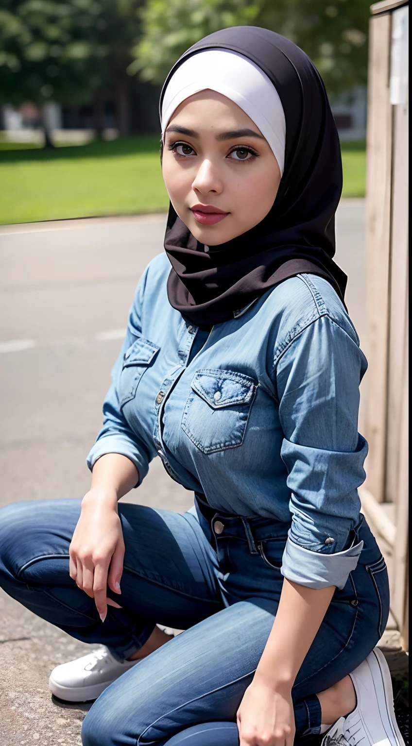 RAW, Best quality, high resolution, Masterpiece: 1.3), Beautiful Malay woman in hijab, Masterpiece, Perfect slim body, (Big breasts), Beautiful big eyes, Soft smile, Masterpiece:1.2, Best quality), Realistic, (Real picture, Intricate details, Depth of field,jacket jean,denim pant,Panoramic camera), parted lip, highly detailed, Perfect face, Perfect body, Large models, Mature woman, Tall, Long legs, Natural background bokeh