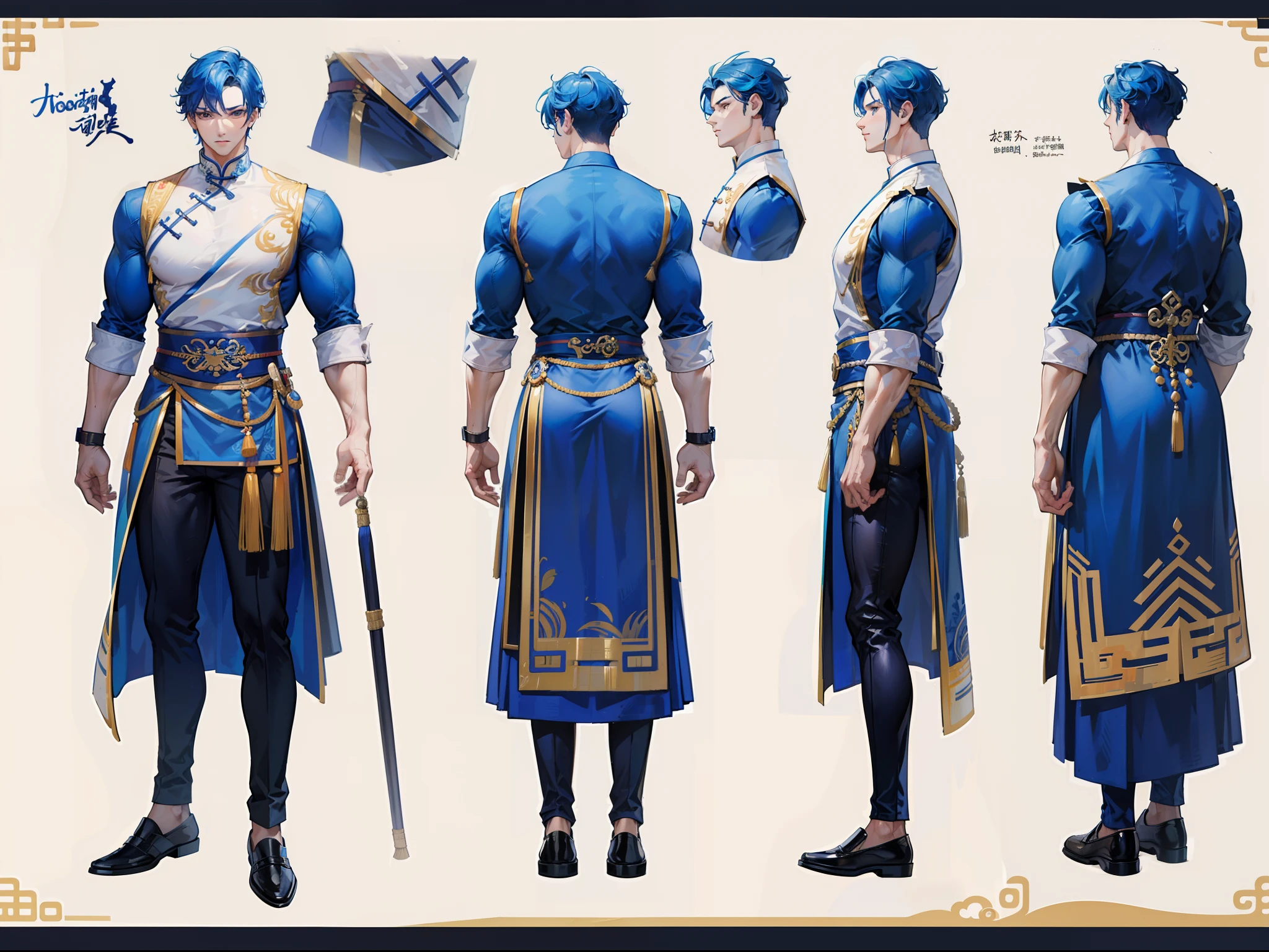 ((Masterpiece, Highest quality)), Detailed face, character design sheet， full bodyesbian, Full of details, frontal body view, back body view, Highly detailed, Depth, Many parts, Muscle boy with blue hair，handsome man, Traditional chinese clothes, man tall