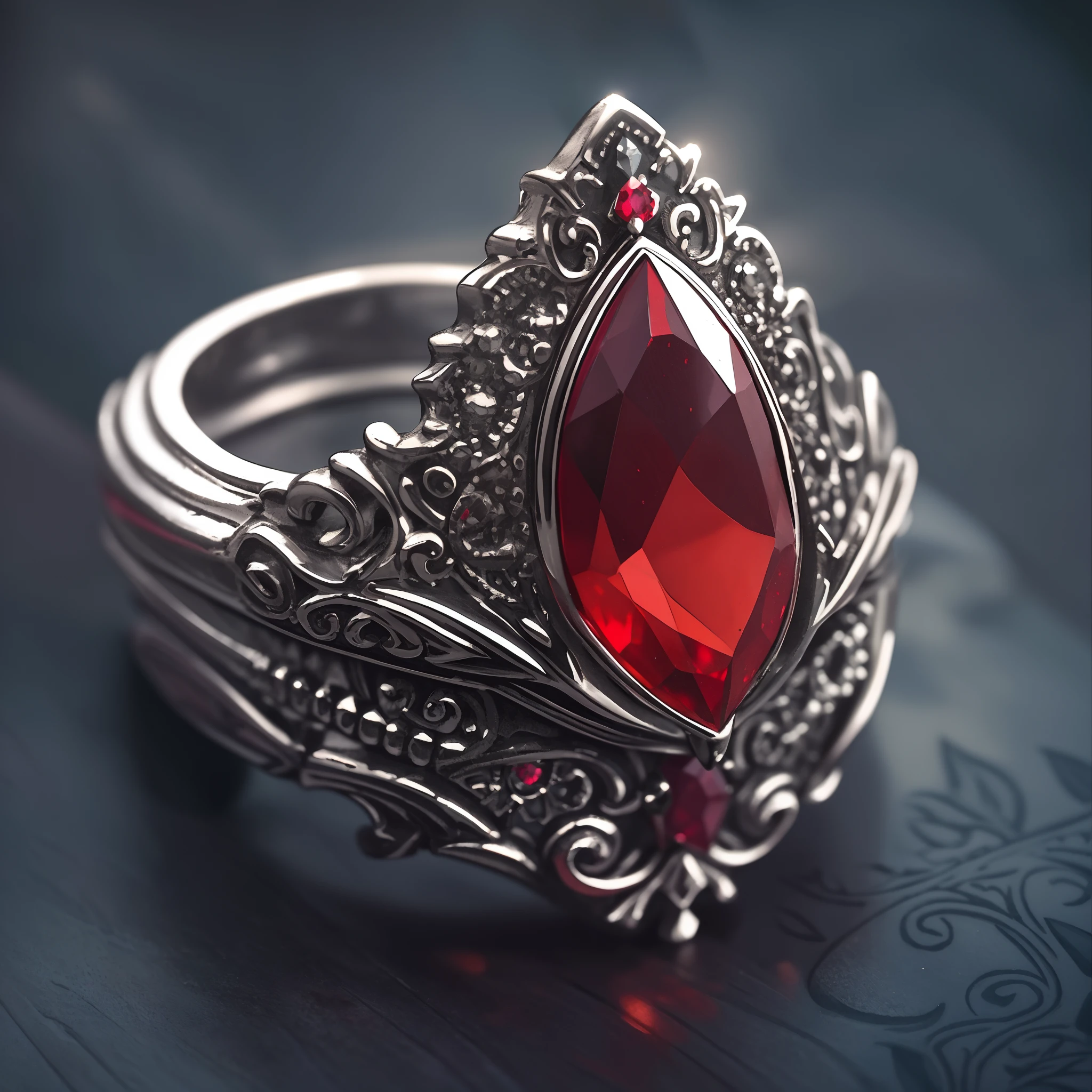 This silver ring set with a pear-shaped ruby, displayed on deep red velvet. Engraved patterns exude a mysterious aura. Close-up revealing details, rich color fabric. Gothic bizarre ornamental jewelry illustration，insanely detailed and intricate, hypermaximalist, elegant, ornate, hyper realistic, super detailed