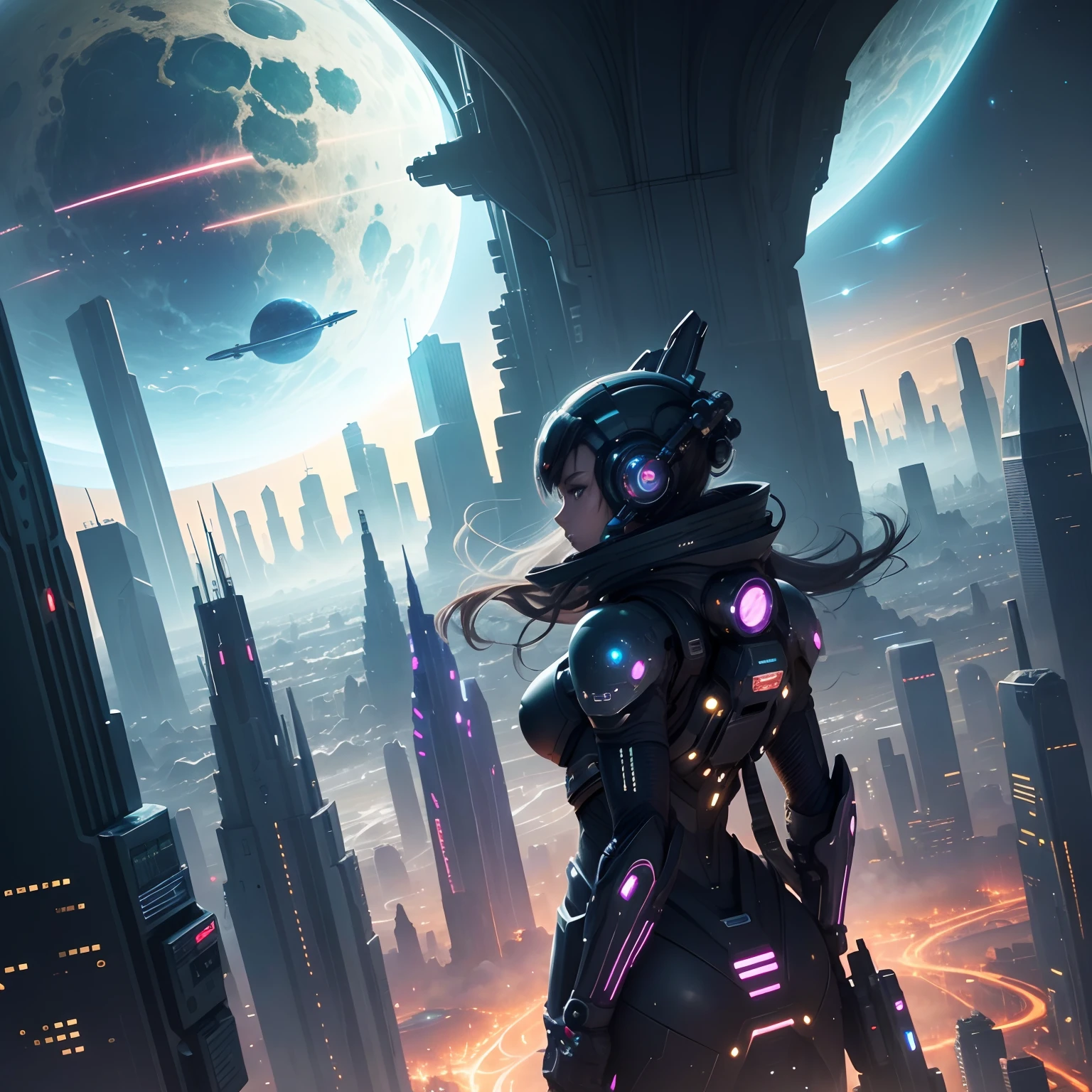 Space City、Futuristic cities、floating in the universe、cyberpunked、Skyscrapers swarm、A space station、top-quality、​masterpiece、２４century、dream、utopian、planet earth、World of Dreams、Fantasia、𝓡𝓸𝓶𝓪𝓷𝓽𝓲𝓬、Beautiful city、Space City、A world far beyond human creation