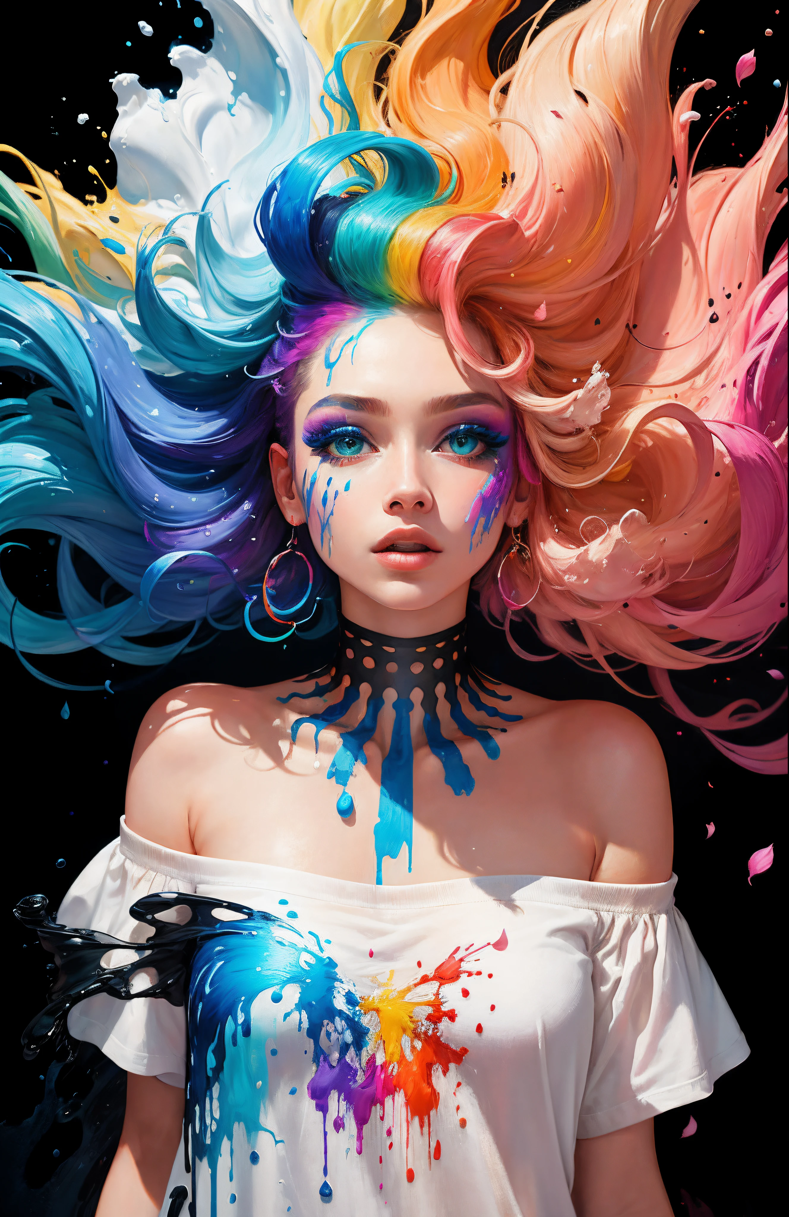 (Pink fashion T-shirt: 1.9), (Colorful hair: 1.8), (Rainbow all colors: 1.8), (((Vertical painting: 1.6))), (Painting: 1.6), Front, manga, illustration, painting, big eyes, crystal clear, (rainbow gradient high ponytail: 1.7), delicate makeup, shut up, (small freshness: 1.5), (bandeau: 1.6), long eyelashes, white off-the-shoulder T- shirt, White Shoulder Shirt, looking at the audience, Big watery eyes, (rainbow hair: 1.6), color splash, (solo:1.8), color splash, color explosion, colour splash, color explosion, thick lacquer style, messy lines, ((shining)), (colorful), (colorful), (colorful), colorful, Thick Paint Style, (Splash) (Color Splash), Vertical Painting, Upper Body, Paint Splash, Acrylic Pigment, Gradient, Paint, Highest Image Quality, Masterpiece, Solo, Depth of Field, Face Paint, colorful clothes, (elegance: 1.2), gorgeous, long hair, wind, (elegance: 1.3), (petals: 1.4), ((masterpiece))), ((best quality))), (ultra-detailed), (illustration), (dynamic angle), (floating), (paint), ((loose hair)), (solo), (1girl), ( ( ( detailed anima face))), (( Beautiful detailed face)), collar, bare shoulders, white hair, ((colored hair)), ((striped hair)), beautiful detailed eyes, (gradient eyes), (colored eyes))), (colored background))), ((high saturation))), ((surrounded by colored splashes))