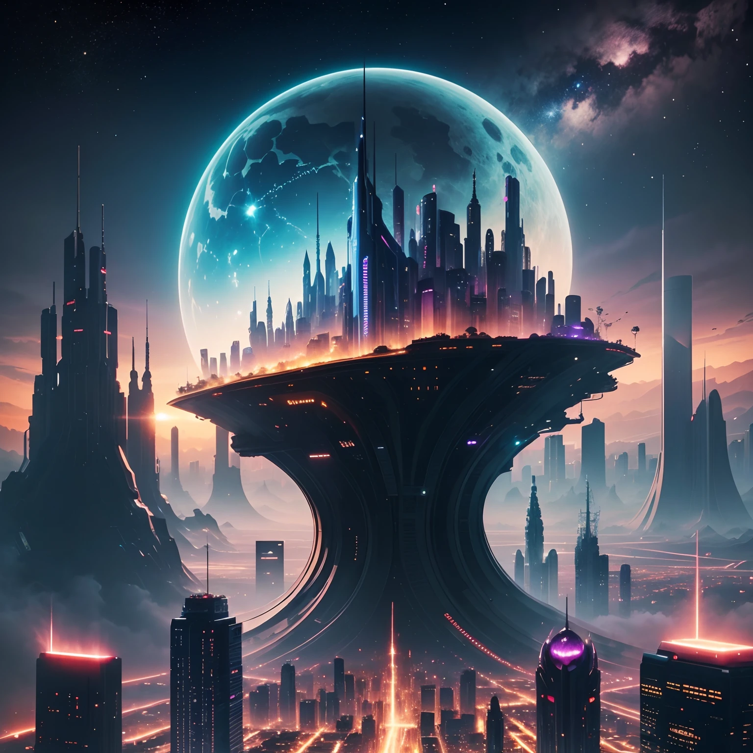 Space City、Futuristic cities、floating in the universe、cyberpunked、Skyscrapers line the streets、A space station、top-quality、​masterpiece、２４century、dream、utopian、planet earth、World of Dreams、Fantasia、𝓡𝓸𝓶𝓪𝓷𝓽𝓲𝓬、Beautiful city、Space City、A world far beyond human creation