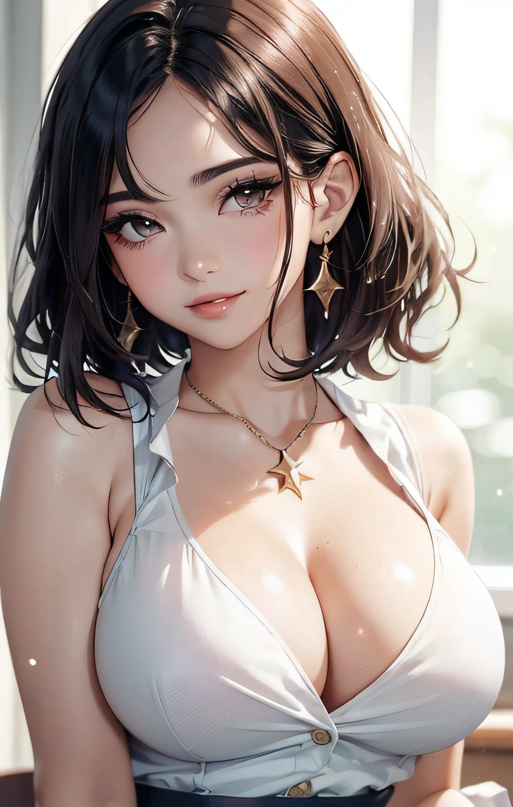 (One upper body photo), Beatiful face, Highly detailed face and skin texture, (Detailed eyes), Brown eyes, Double eyelids, Fine eyebrows, Glitter eyeliner: 1.2, Natural cheeks, Glowing skin, Fair skin, (((with schoolgirl costume))), Glitter necklace and earrings, (Glossy lips: 1. 4), (Seductive smile), (20 years old), (Wavy hair, Diagonal bangs), short hair, diadem, ((Upper body shot)), ((Focus on chest and face)), Medium large breasts, Upturned Breasts.