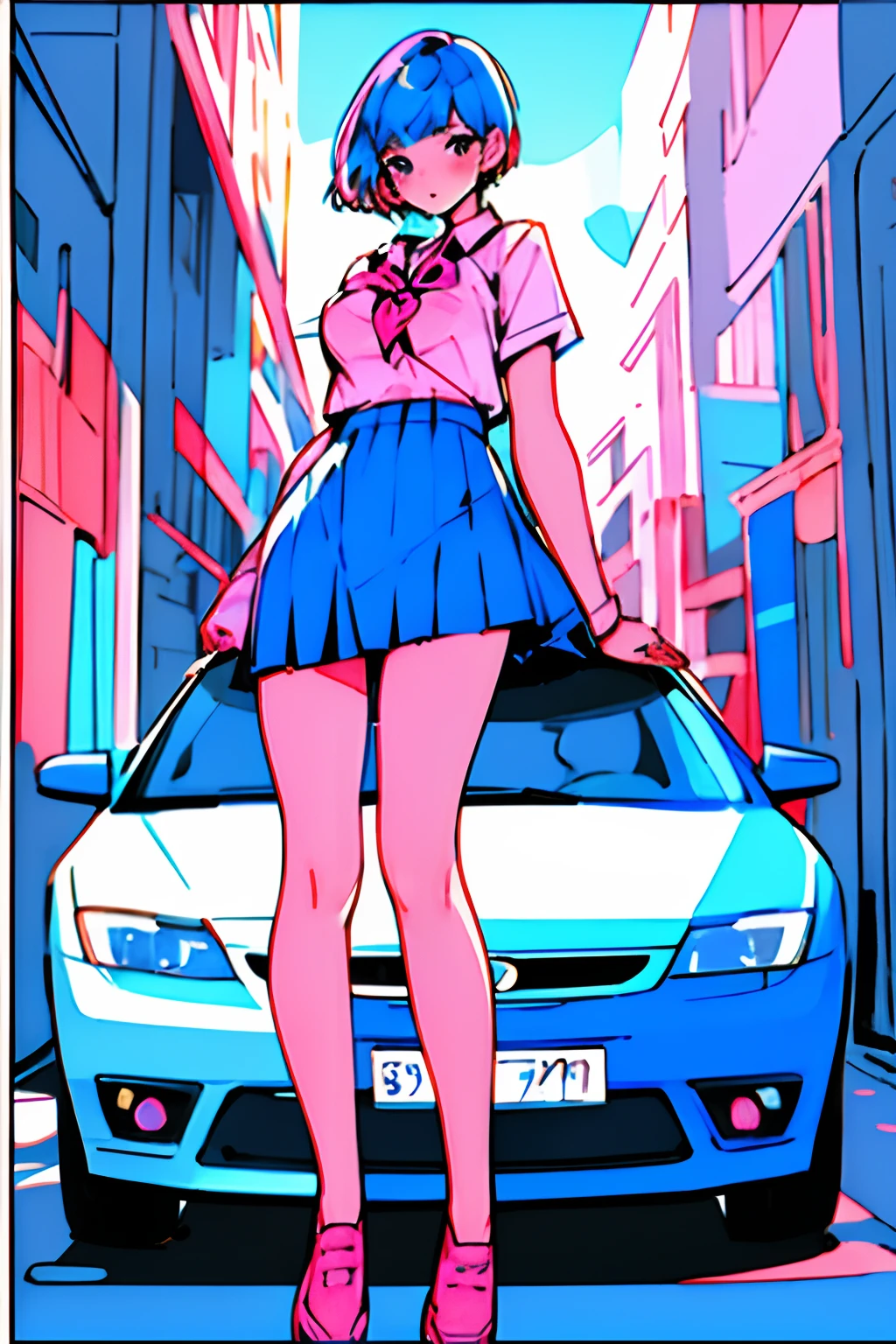 best quality, master piece, blue and pink,1 girl, short hair, school uniformï¼street, car ,store, flower, . sexy, nsfw