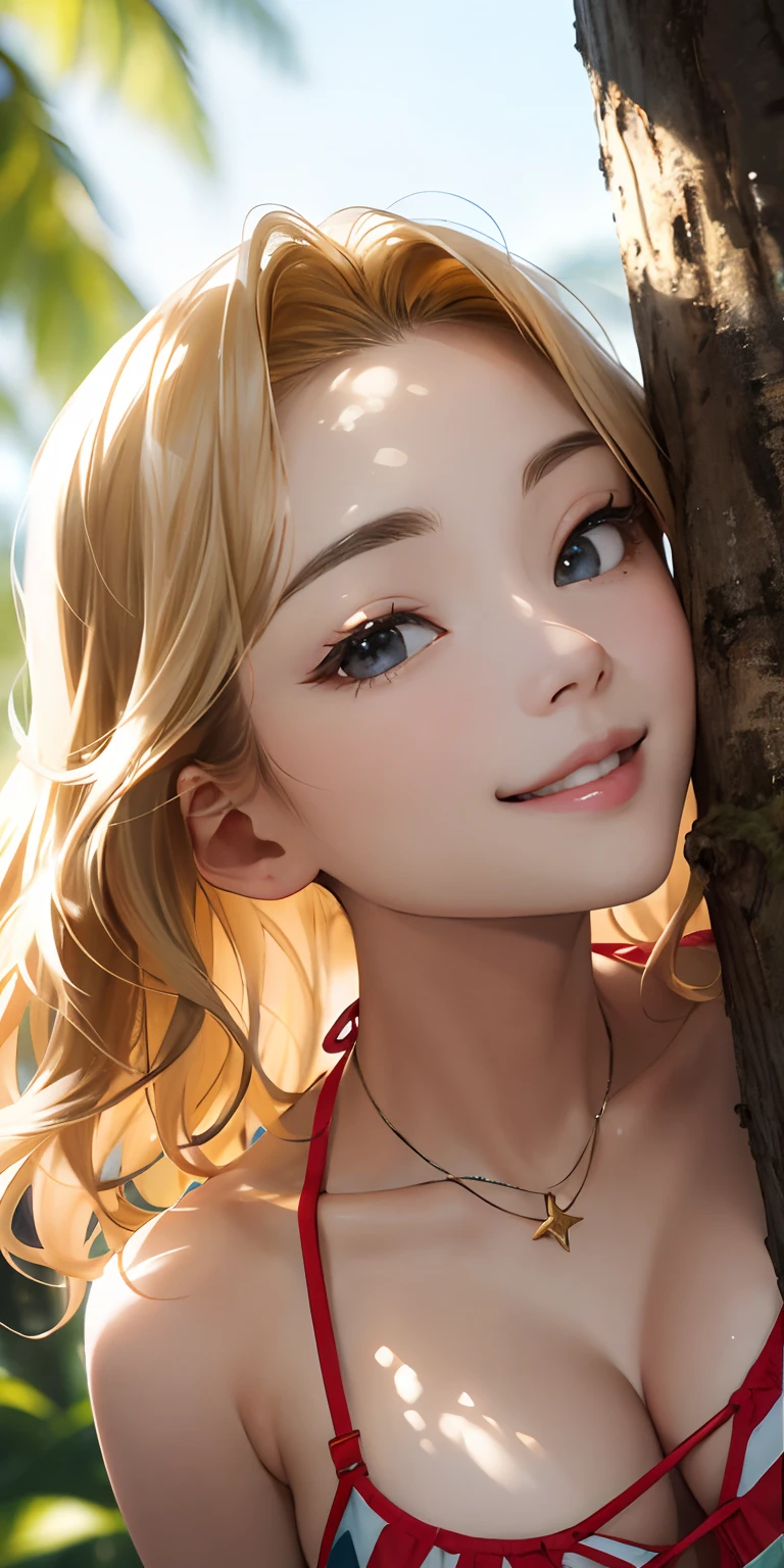 top-quality))、((masterpiece)、skin gloss、Extra large zoom of face chest、Face Real、Focus on kissing on the lips、15 year old girl、Short wavy blonde hair、(Super close-up view of a super tall tree looking up from underground)、(Amber opaque breast bikini)、wearing denim shorts。sexy pose、Breasts enlarged、Sunset、A slight smil、