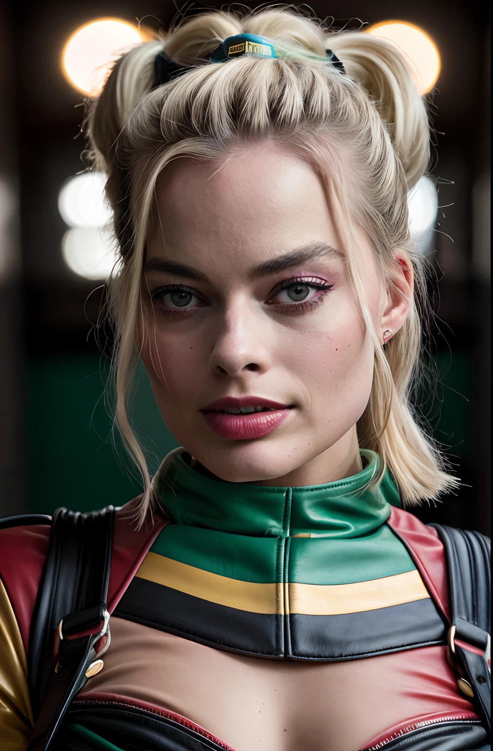 Margot Robbie: Harley Quinn, Coupe en cuir sur toute la longueur, Futuristic warehouse filled with neon red and green background, superréaliste, Hyperrealistic, detailded, affiche de film, realistic skin, Fujifilm XT3, High-resolution image quality, photo shoot (peau: 0,8, Taupes: 0,05), (very detailed skin), Margotrobbie se penche en avant, sur deux, cuir, cul, sexy