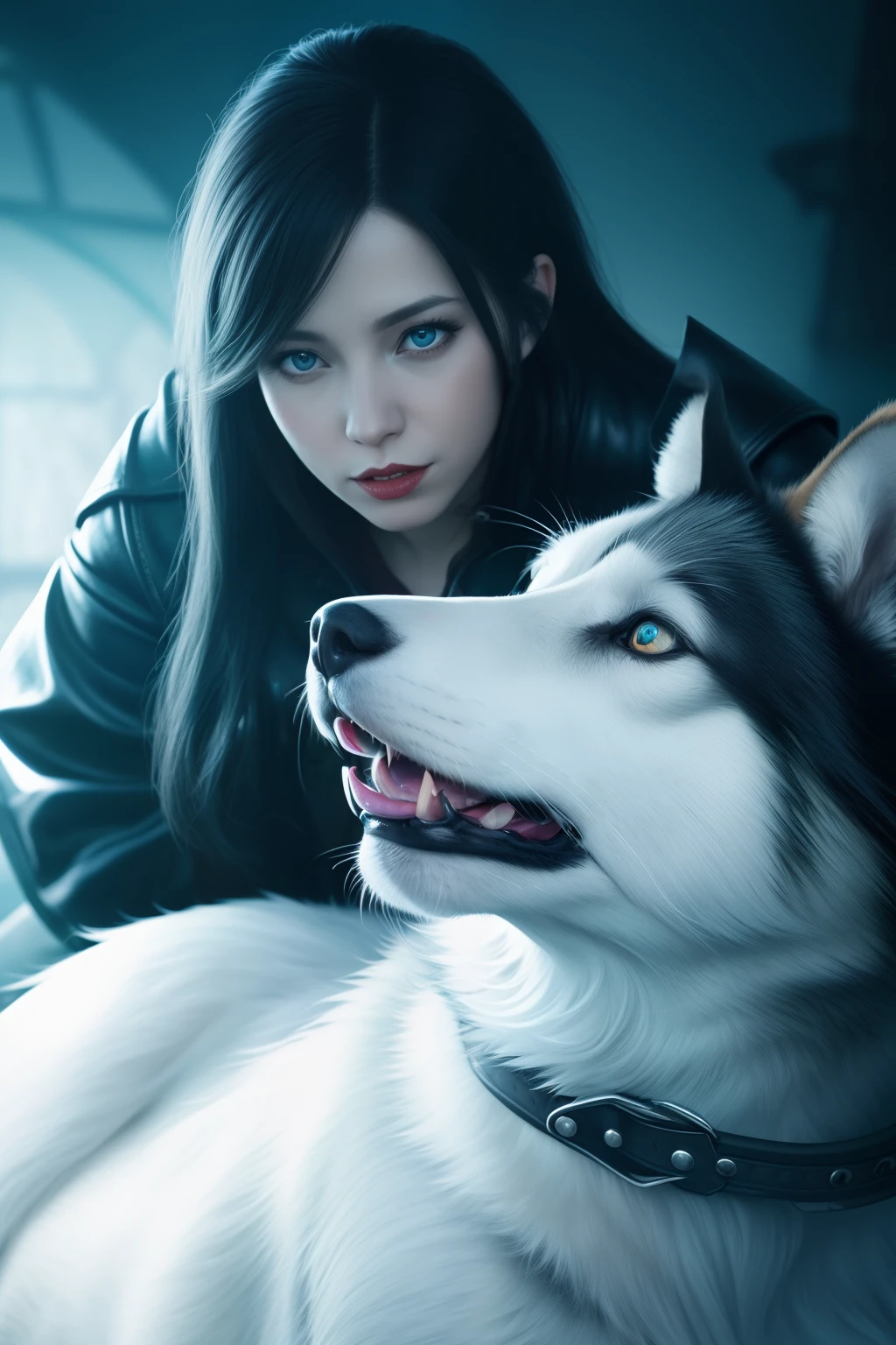 top-quality, Realisticity:1, realistic skin textures, ighly detailed, 8k wallpaper, volume illumination, Dynamic lighting, WARCRAFT, Dramatic and dynamic composition,Leather raincoat, long boots, SLR, Focus,vampire,leader,strong con,Fictional creatures,Fangs from the mouth,Realistic texture, Slender woman, I'm starving, menace, Live Action, Fantasia, A dark-haired, Tattoos on the face, Beautiful turquoise eyes, Petting a wolf