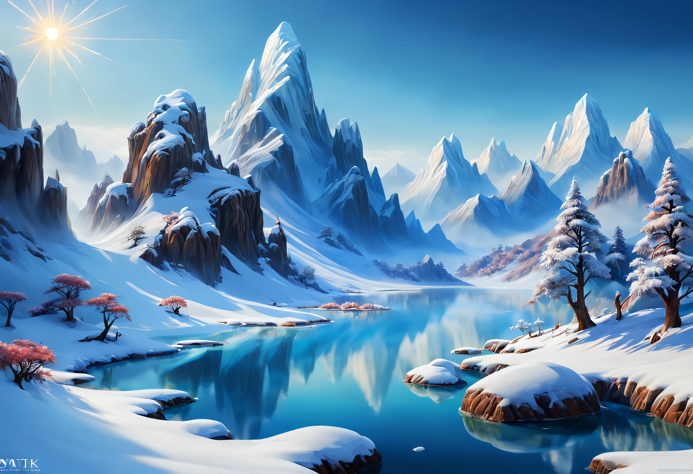 Space Magic Week, Magic concept art highlights,Ancient Chinese landscapes,snow mountains,snowy peak,mountain ranges,Winters,snowflower,Snow and ice cover,Ice Lake,Cold,branches,Bleak,fog atmosphere,blue-sky,baiyun,Rime,Winter sun,north wind,Icicles,snow landscape,holly,Pine,Ice,Frozen soil,Chill,ice - carving,(Very detailed CG unity 8K wallpaper),most beautiful artwork in the world,Professional majestic oil painting,iintricate,high detal,sharp fokus,dramatics,Realistic painting art,Romantic landscape style, canon eos 5d mark iv, Sunny impressionism, sparkling water reflections, high-quality photo, Stock Photo - AR 2:3 --v 5,a digital dreamscape, Magical fantasy 3D concept art, stunning concept art ,Warm pigments,Bright colors,Bright light,Extreme refinement,(tmasterpiece),super detailing,Epic composition,hyper HD,high qulity,offcial art,32k