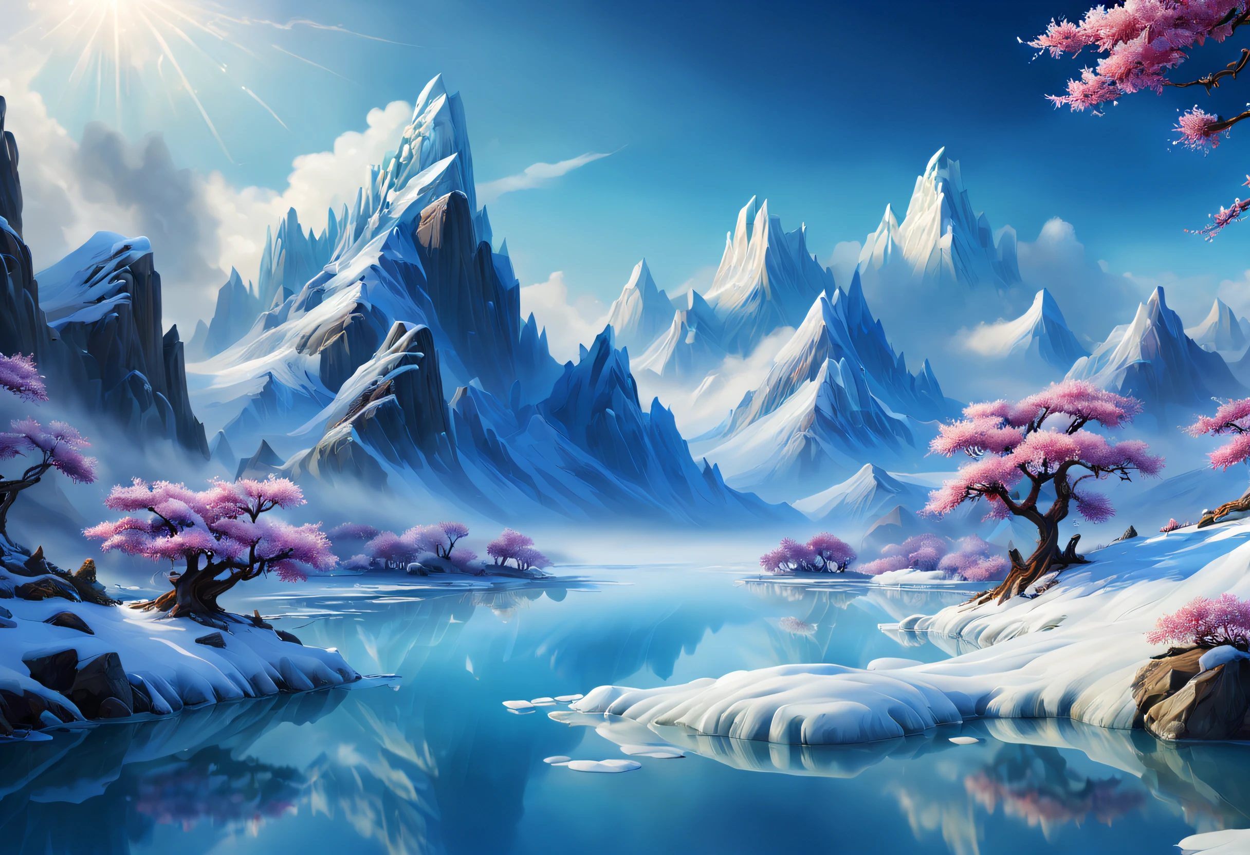 Space Magic Week, Magic concept art highlights,Ancient Chinese landscapes,snow mountains,snowy peak,mountain ranges,Winters,snowflower,Snow and ice cover,Ice Lake,Cold,branches,Bleak,fog atmosphere,blue-sky,baiyun,Rime,Winter sun,north wind,Icicles,snow landscape,holly,Pine,Ice,Frozen soil,Chill,ice - carving,(Very detailed CG unity 8K wallpaper),most beautiful artwork in the world,Professional majestic oil painting,iintricate,high detal,sharp fokus,dramatics,Realistic painting art,Romantic landscape style, canon eos 5d mark iv, Sunny impressionism, sparkling water reflections, high-quality photo, Stock Photo - AR 2:3 --v 5,a digital dreamscape, Magical fantasy 3D concept art, stunning concept art ,Warm pigments,Bright colors,Bright light,Extreme refinement,(tmasterpiece),super detailing,Epic composition,hyper HD,high qulity,offcial art,32k