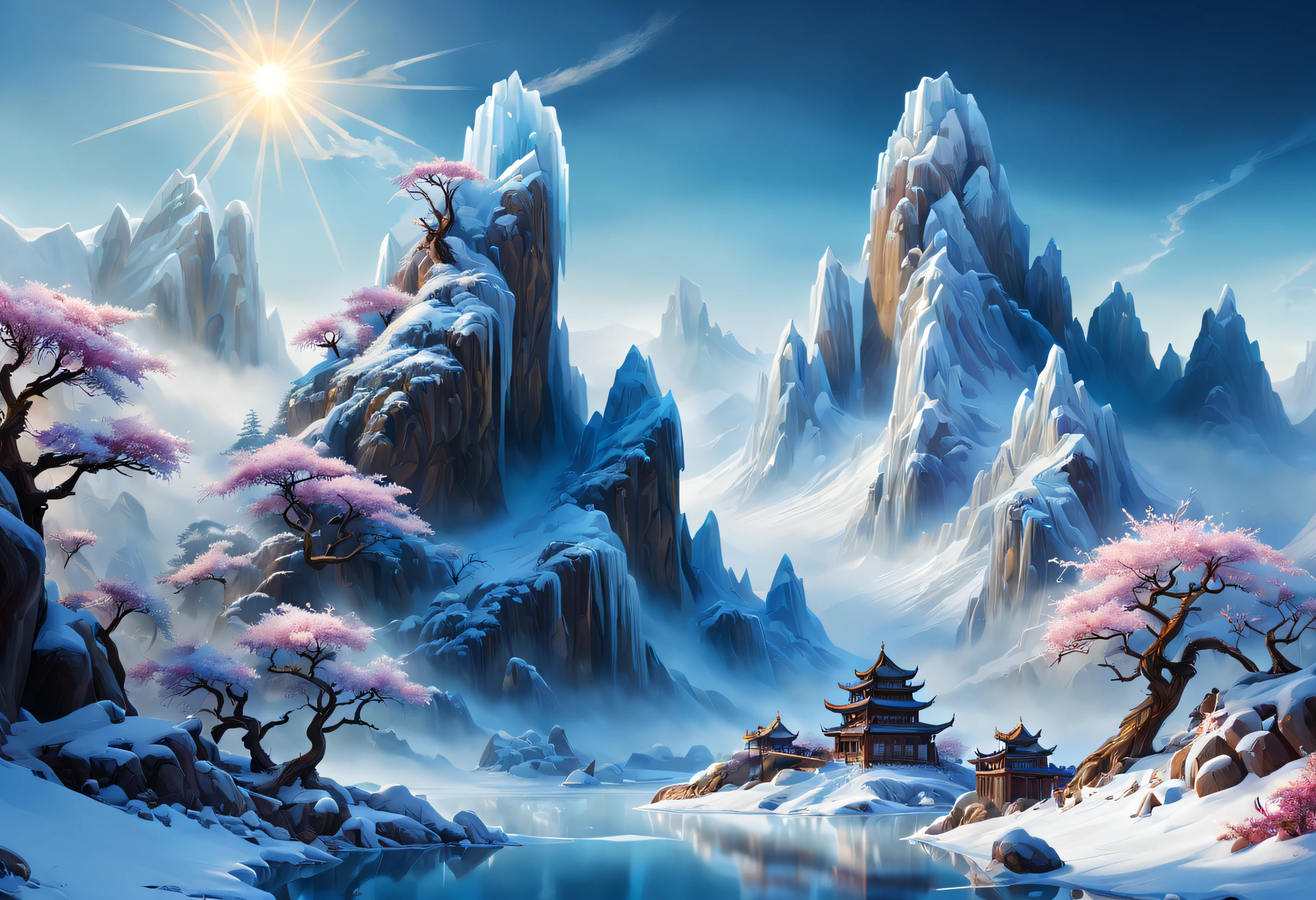 Space Magic Week， Magic concept art highlights，Ancient Chinese landscapes，snow mountains，snowy peak，mountain ranges，Winters，snowflower，Snow and ice cover，Ice Lake，Cold，branches，Bleak，fog atmosphere，blue-sky，baiyun，Rime，Winter sun，north wind，Icicles，snow landscape，holly，Pine，Ice，Frozen soil，Chill，ice - carving，（Very detailed CG unity 8K wallpaper），most beautiful artwork in the world，Professional majestic oil painting，iintricate，high detal，sharp fokus，dramatics，Realistic painting art，Romantic landscape style, canon eos 5d mark iv, Sunny impressionism, sparkling water reflections, high-quality photo, Stock Photo - AR 2:3 --v 5，a digital dreamscape， Magical fantasy 3D concept art， stunning concept art ，Warm pigments，Bright colors，Bright light，Extreme refinement，(tmasterpiece)，super detailing，Epic composition，hyper HD，high qulity，offcial art，32k