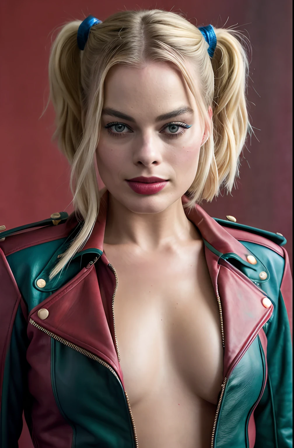 Margot Robbie: Harley Quinn, Coupe en cuir sur toute la longueur, Futuristic warehouse filled with neon red and green background, superréaliste, Hyperrealistic, detailded, affiche de film, realistic skin, Fujifilm XT3, High-resolution image quality, photo shoot (peau: 0,8, Taupes: 0,05), (very detailed skin), Margotrobbie se penche en avant, sur deux, cuir, cul, sexy