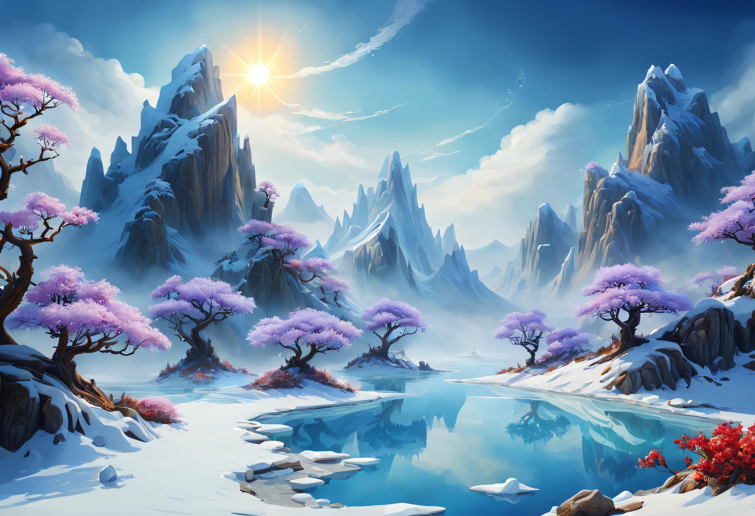 Space Magic Week, Magic concept art highlights,Ancient Chinese landscapes,snow mountains,snowy peak,mountain ranges,Winters,snowflower,Snow and ice cover,Ice Lake,Cold,branches,Bleak,fog atmosphere,blue-sky,baiyun,Rime,Winter sun,north wind,Icicles,snow landscape,holly,Pine,Ice,Frozen soil,Chill,ice - carving,(Very detailed CG unity 8K wallpaper),most beautiful artwork in the world,Professional majestic oil painting,iintricate,high detal,sharp fokus,dramatics,Realistic painting art,Romantic landscape style, canon eos 5d mark iv, Sunny impressionism, sparkling water reflections, high-quality photo, Stock Photo - AR 2:3 --v 5,a digital dreamscape, Magical fantasy 3D concept art, stunning concept art ,Warm pigments,Bright colors,Bright light,Extreme refinement,(tmasterpiece),super detailing,Epic composition,hyper HD,high qulity,offcial art,32k
