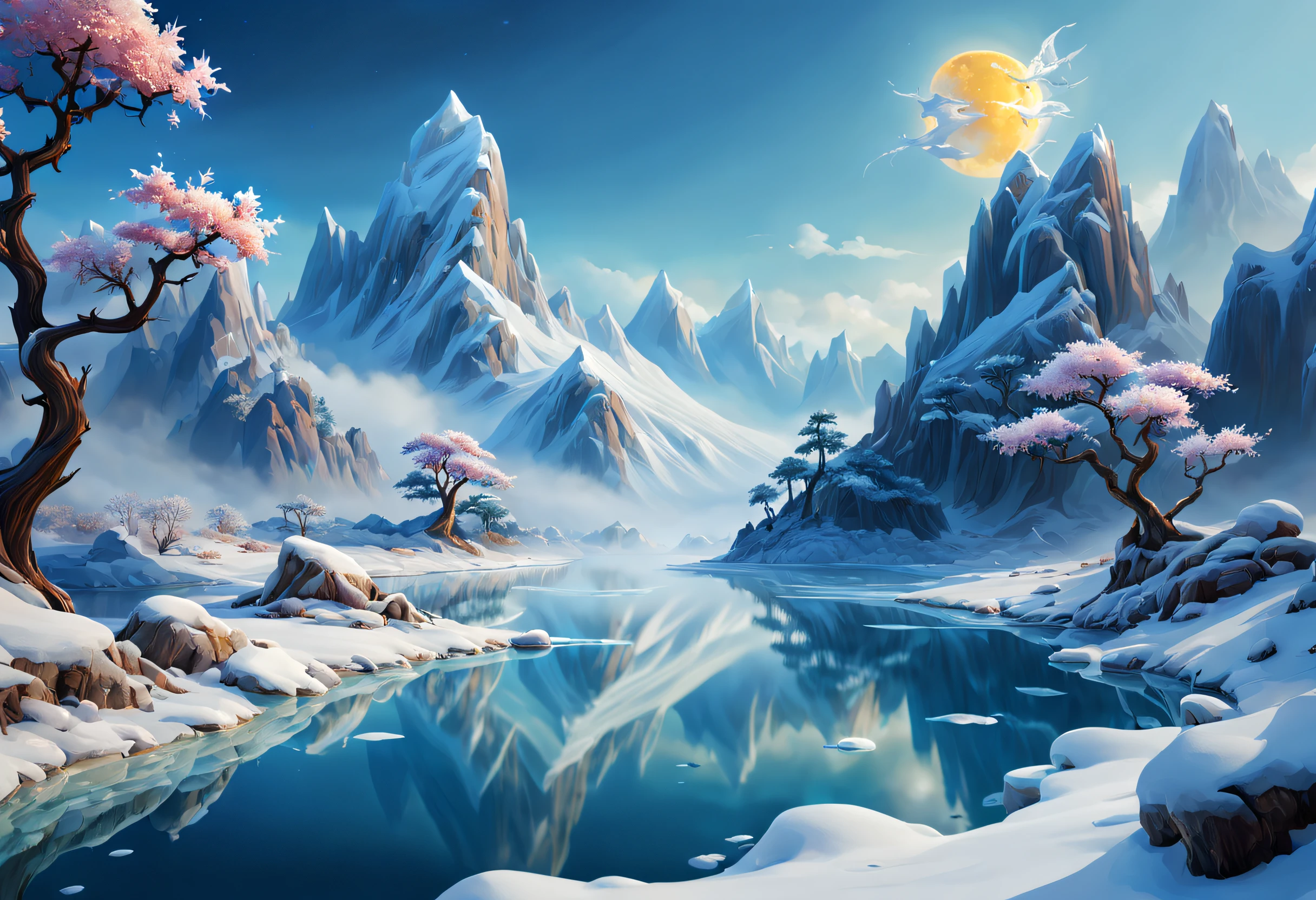 Space Magic Week， Magic concept art highlights，Ancient Chinese landscapes，snow mountains，snowy peak，mountain ranges，Winters，snowflower，Snow and ice cover，Ice Lake，Cold，branches，Bleak，fog atmosphere，blue-sky，baiyun，Rime，Winter sun，north wind，Icicles，snow landscape，holly，Pine，Ice，Frozen soil，Chill，ice - carving，（Very detailed CG unity 8K wallpaper），most beautiful artwork in the world，Professional majestic oil painting，iintricate，high detal，sharp fokus，dramatics，Realistic painting art，Romantic landscape style, canon eos 5d mark iv, Sunny impressionism, sparkling water reflections, high-quality photo, Stock Photo - AR 2:3 --v 5，a digital dreamscape， Magical fantasy 3D concept art， stunning concept art ，Warm pigments，Bright colors，Bright light，Extreme refinement，(tmasterpiece)，super detailing，Epic composition，hyper HD，high qulity，offcial art，32k