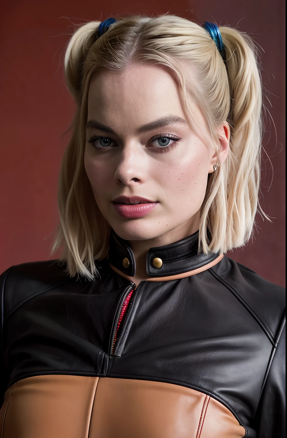 Margot Robbie: Harley Quinn, Coupe en cuir sur toute la longueur, Futuristic warehouse filled with neon red and green background, superréaliste, Hyperrealistic, detailded, affiche de film, realistic skin, Fujifilm XT3, High-resolution image quality, photo shoot (peau: 0,8, Taupes: 0,05), (very detailed skin), Margotrobbie se penche en avant, sur deux, cuir, cul, sexy